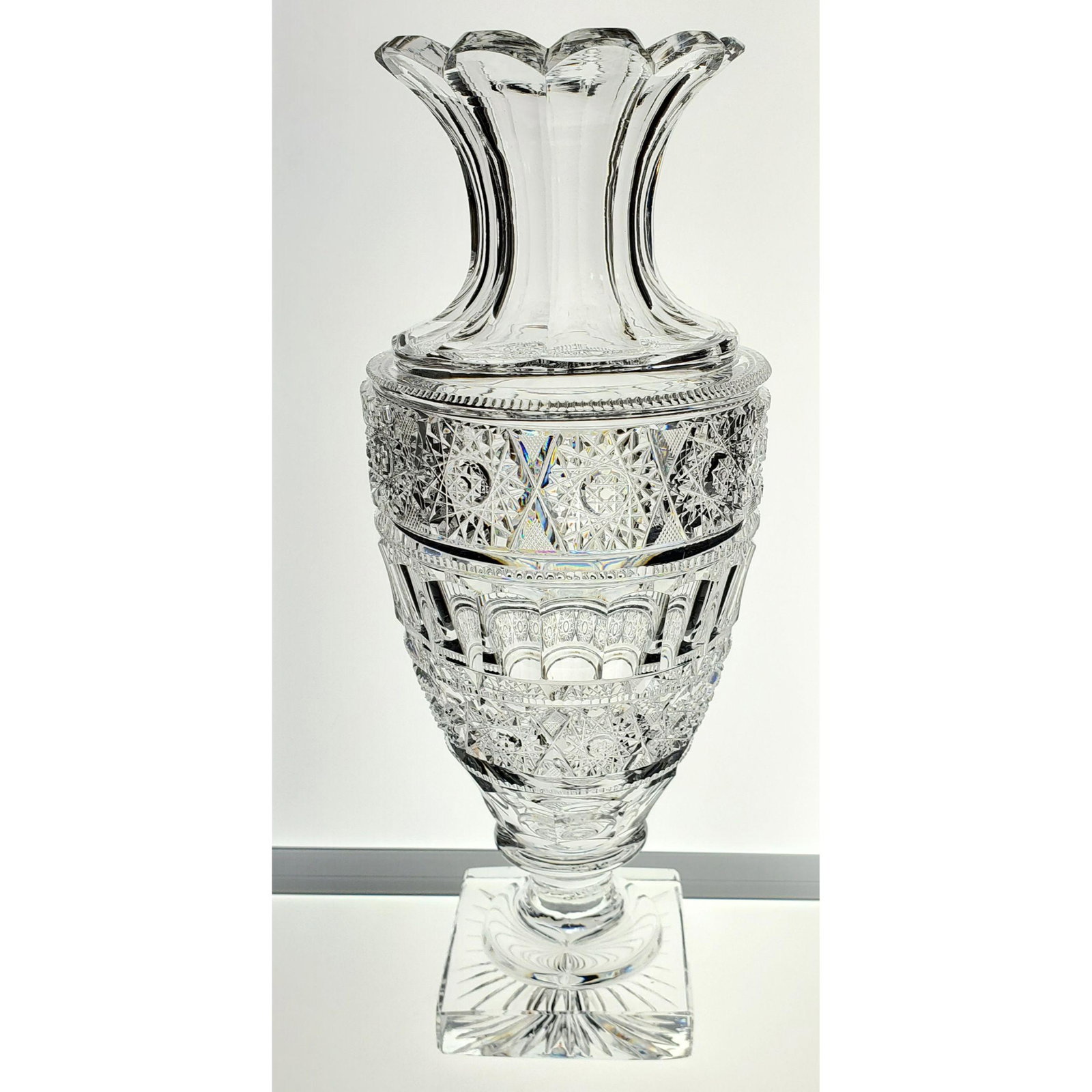 ABP Fantastic Square Footed Vase RARE "Aberdeen": American Brilliant Period fantastic square footed vase, very heavy, cut in theRARE “Aberdeen” pattern by the Jewel Cut Glass Co. Measures 11 3/4" tall, 4” acrosstop ,3 ¼” across base.