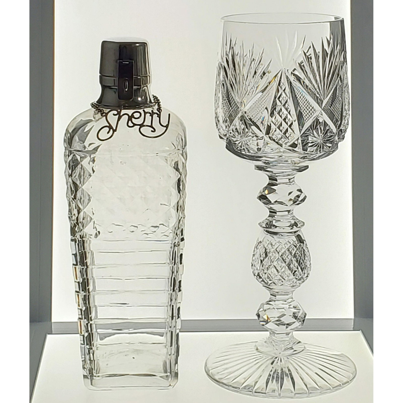 ABP Geometric Chalice Cut Stem & Hawkes Cocktail Shaker: American Brilliant Period geometric chalice fantastic cut stem. Measures 10" Tall x 4 ¼"across base, 3 3/8” across top, Val St. Lambert And American Brilliant Period signed Hawkes cocktail shaker w