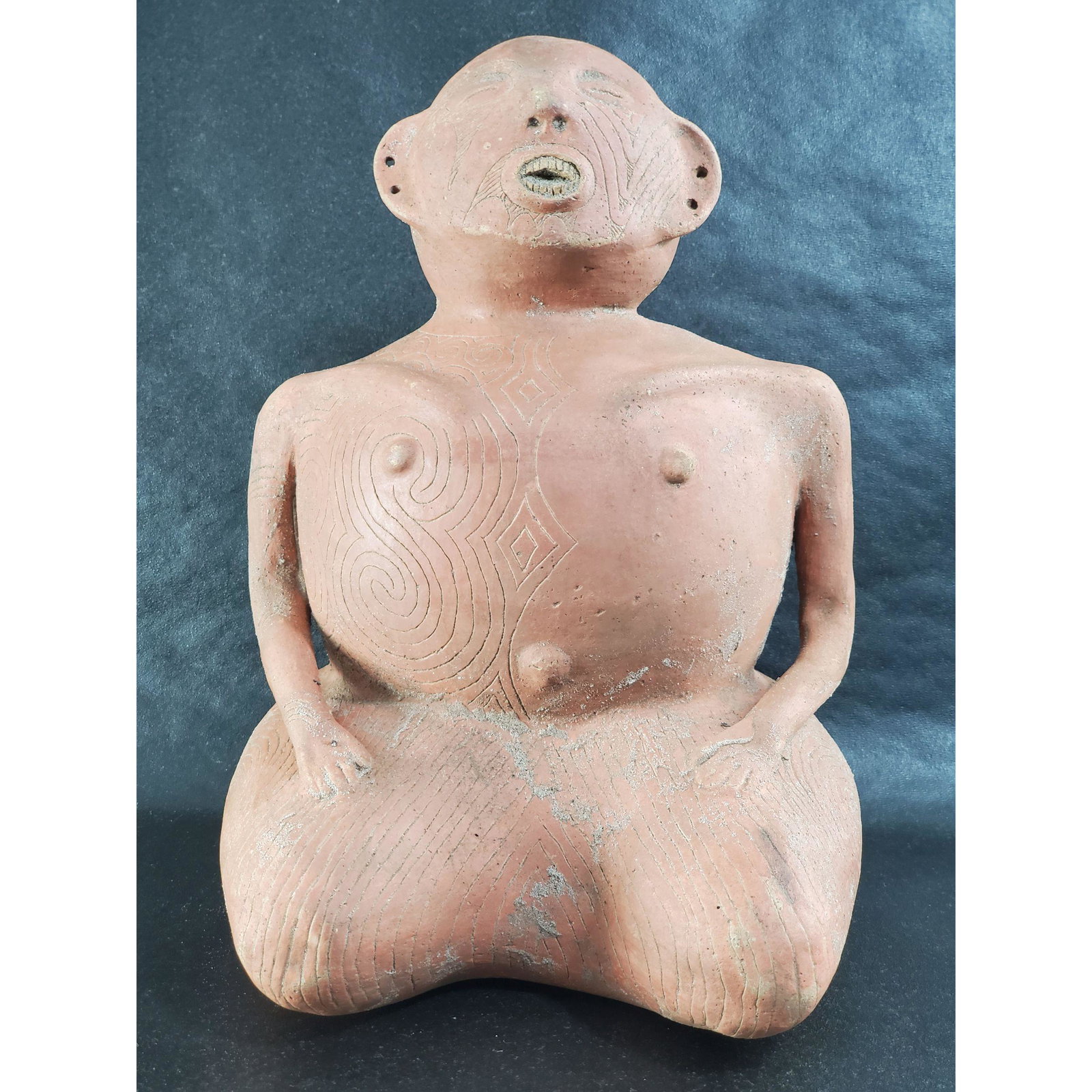 Incised Hunch Back Forked Eye Mississippian Period Fig: Terracotta Incised Hunch Back Forked Eye Mississippian Period Pottery Figure / Sculpture. Measures 12" x 9" x 9"