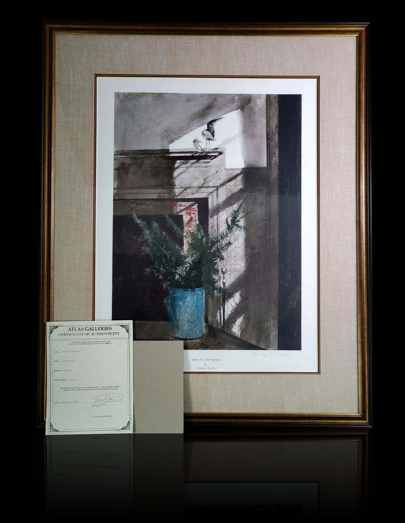 Signed Andrew Wyeth Collotype "Bird In The House" COA: Penciled Signed Andrew Wyeth Collotype "Bird In The House" with COA 208/300. Frame measures 40.5" x 33"
