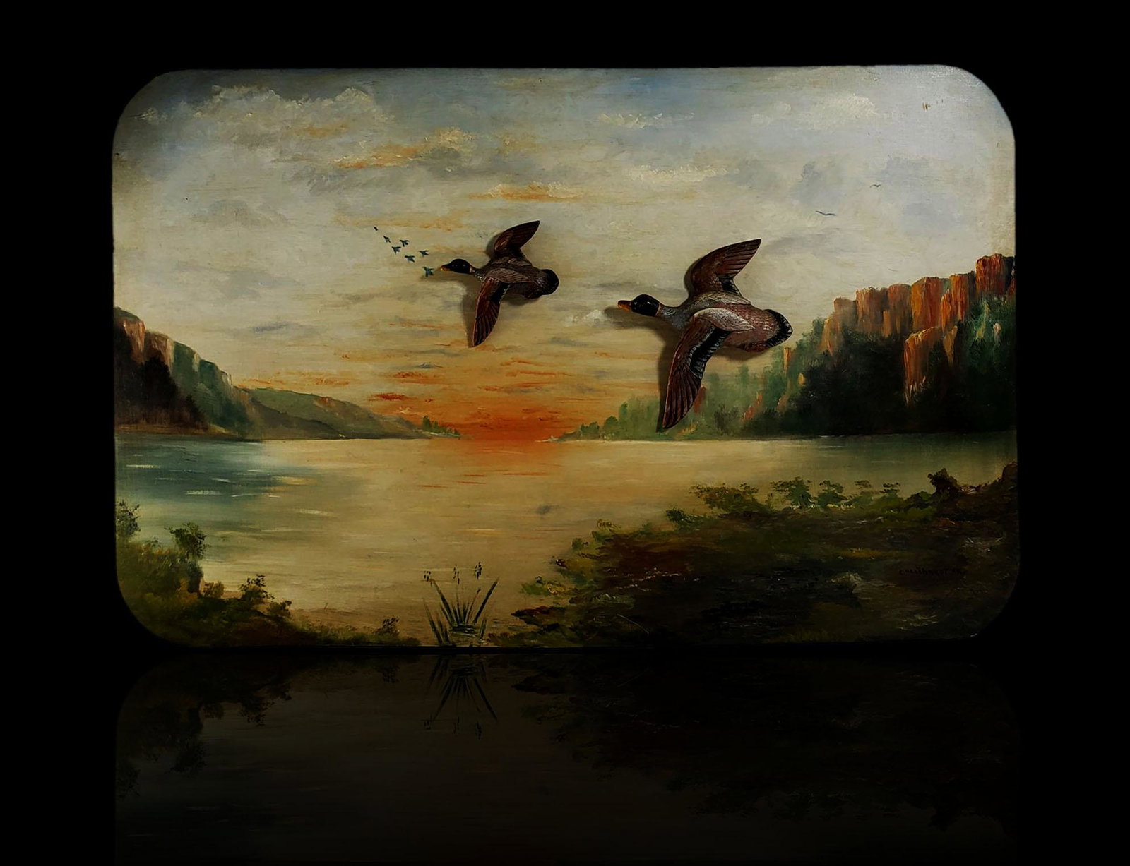 Signed bas relief painting on board Mallards in flight: Signed bas relief landscape painting on board. Measures 18" x 29.5"