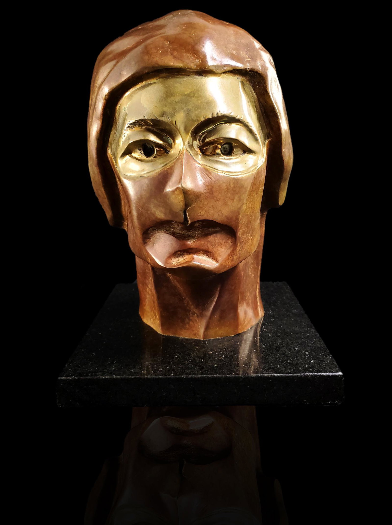 Cubist Bronze Mixed Metal Face Bust Sculpture: Cubist Bronze Mixed Metal Face Bust SculptureSigned SVR. A very unique one of a kind bronze sculpture dated 1998. Brass and bronze materials attached to black marble base. measures 10" Tall
