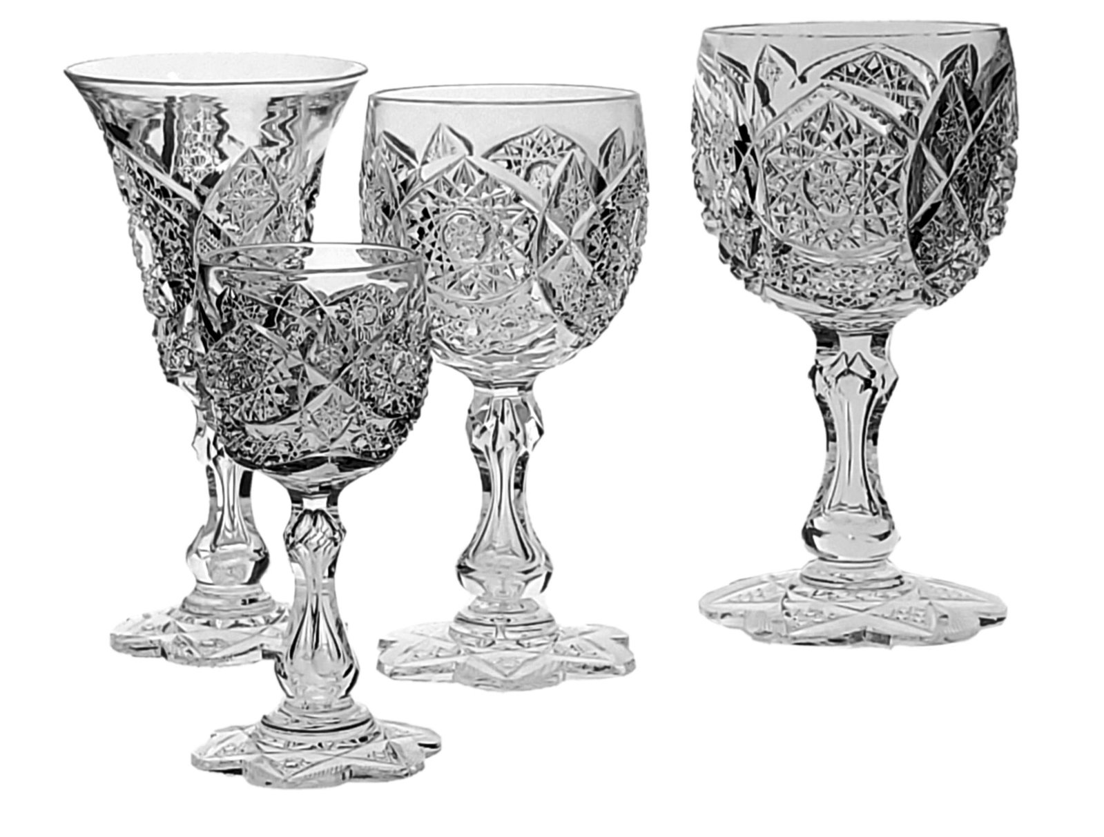 ABP cut glass complete SUITE of stems PEERLESS pattern: REFER TO PIC 1 AND 2 FOR ALL 7 PIECES!!!!!!ABP cut glass complete SUITE of stems: Water Goblet, Red Wine, White Wine, Saucer Champagne, Sherry, Cordial and water tumbler. All beautifully cut in "PEERL