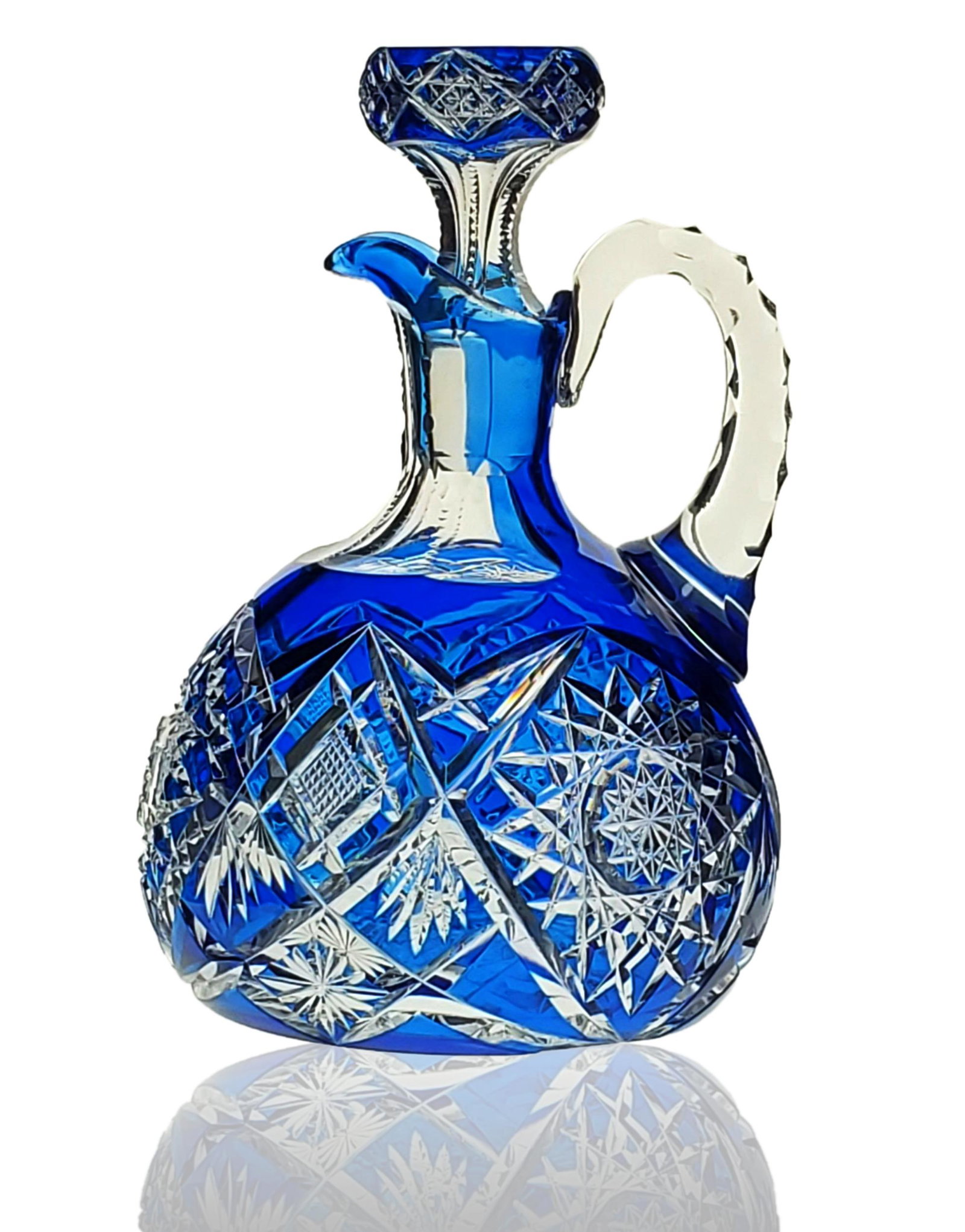 ABP cut glass Val ST Lambert Cobalt Blue Decanter: ABP cut glass Val ST Lambert Cobalt Blue cut to clear Decanter with pattern cut stopper. Measures 8" Tall.