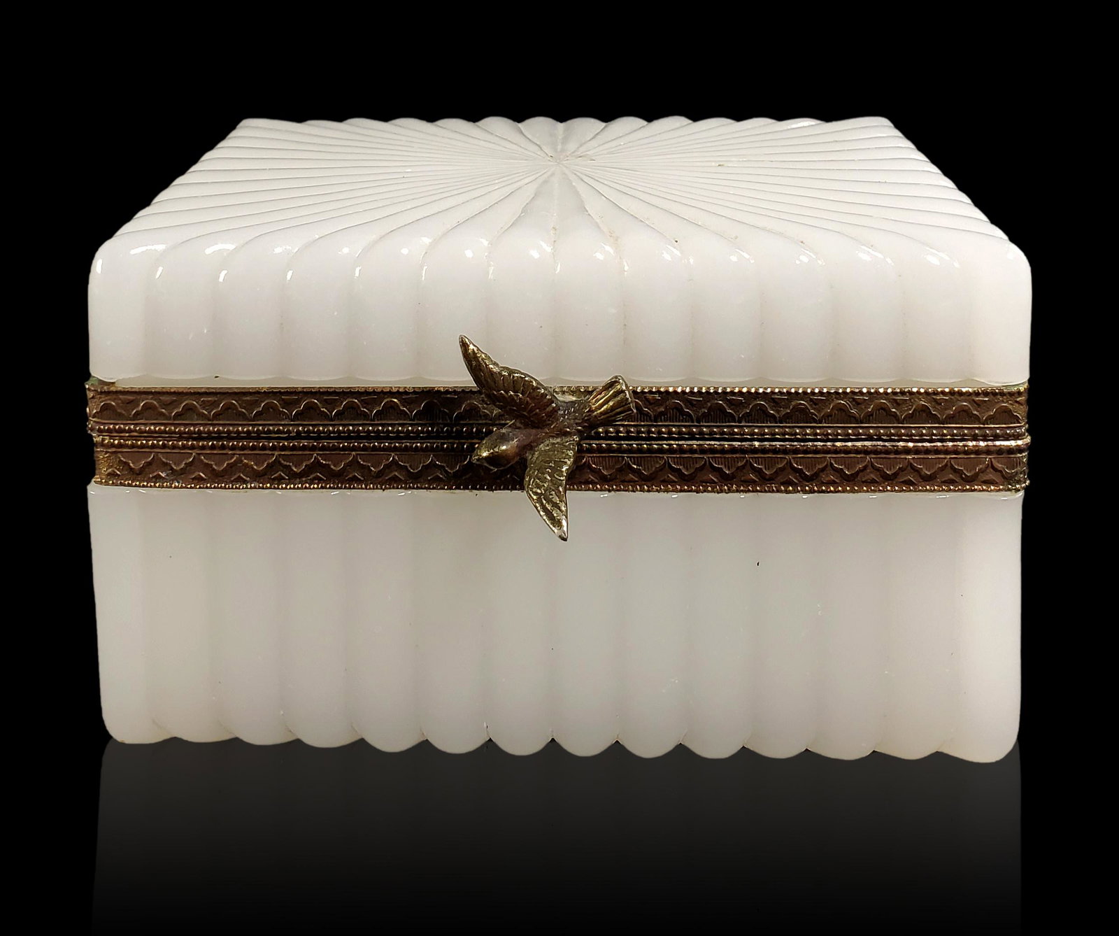 French opaline glass casket box w/ bronze trim 1860: French opaline glass casket box w/ bronze trim and bird. 1860's Napoleon III Ribbed design. Measures 5 1/4" x 3.5" x 3"
