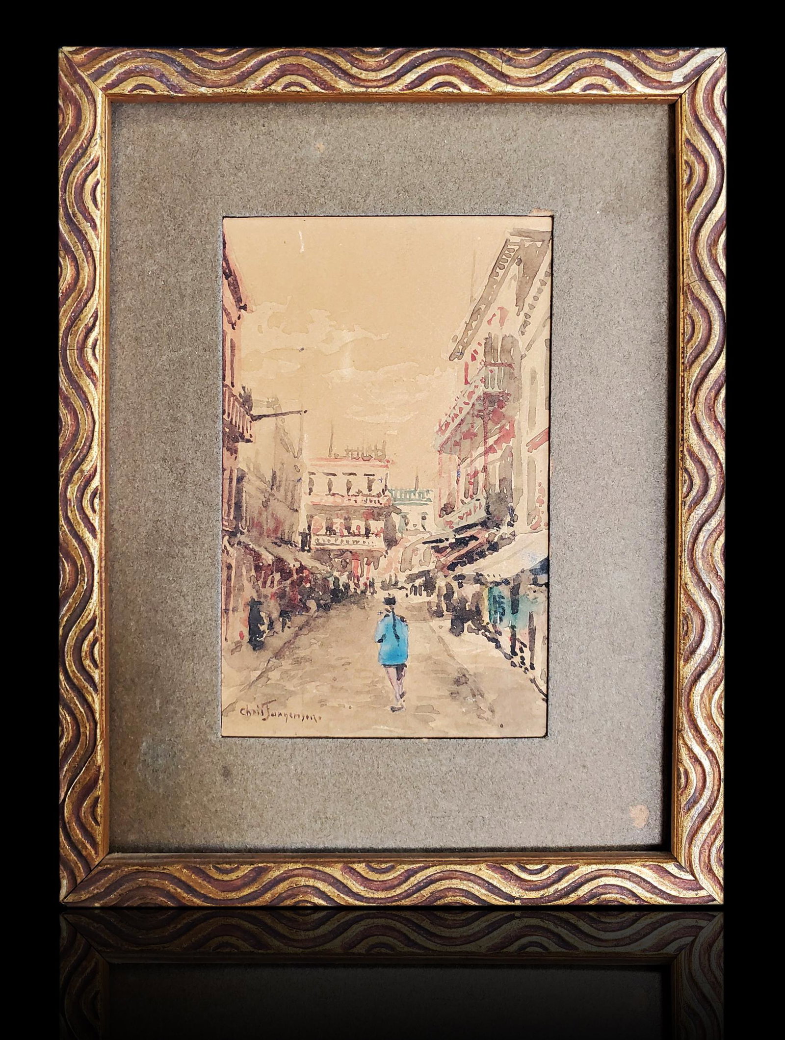 Christian Jorgensen Watercolor China Town Street Scene: Signed Miniature Christian Jorgensen (1860 - 1935) Christian Jorgensen Watercolor China Town Street Scene. Frame measures 6 3/4" x 5 1/4"Christian August Jorgensen was active/lived in California. Chri