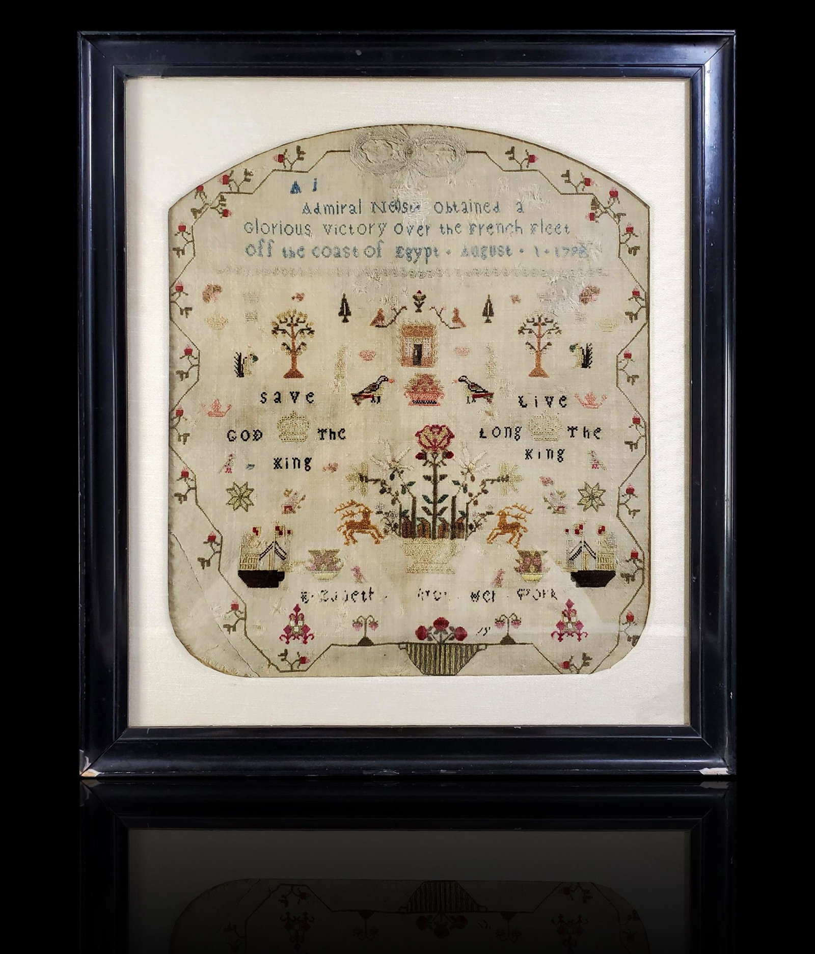 Early Antique Sampler Victory Over The French Off Egypt: Early Antique Sampler Victory Over The French Off the coast Egypt. Frame measures 16.5" x 14.5"