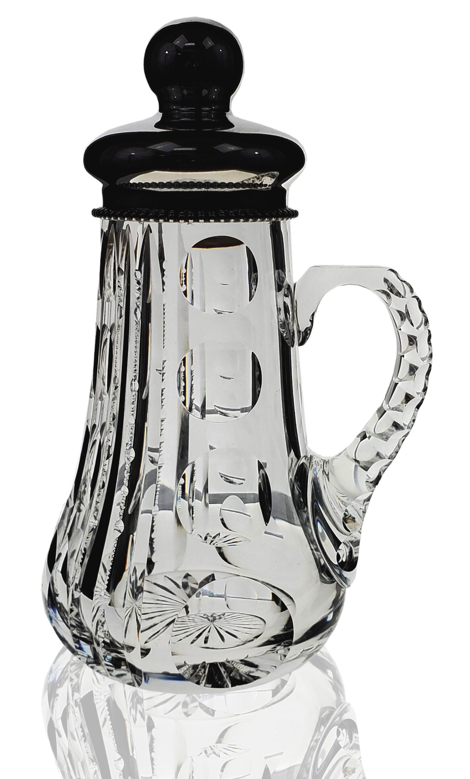 ABP cut glass single cocktail shaker Pairpoint Sterling: A very large ABP cut glass single cocktail shaker, sterling silver top Pairpoint. Measures 7.5" Tall