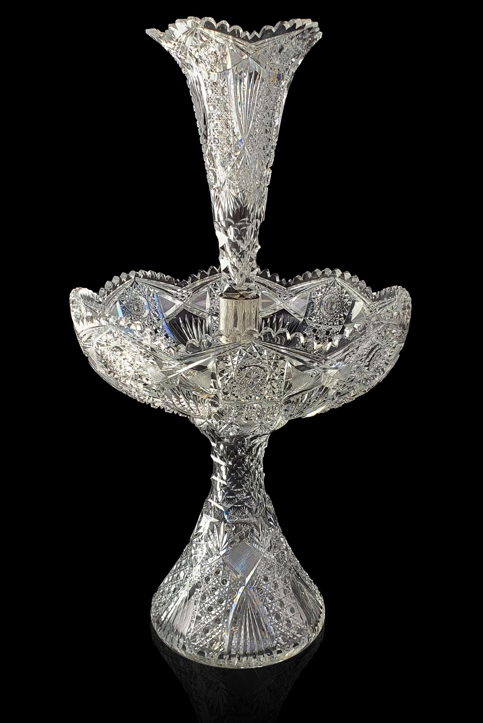 RARE 2 piece ABP cut glass Epergne signed Hoare: Rare 2 pieces ABP cut glass Epergne signed Hoare. Fitted glass top, metal silverplate fixture. Bowl is reinforced perfectly balanced piece, base bowl and trumpet are all exactly matched patterns. Meas