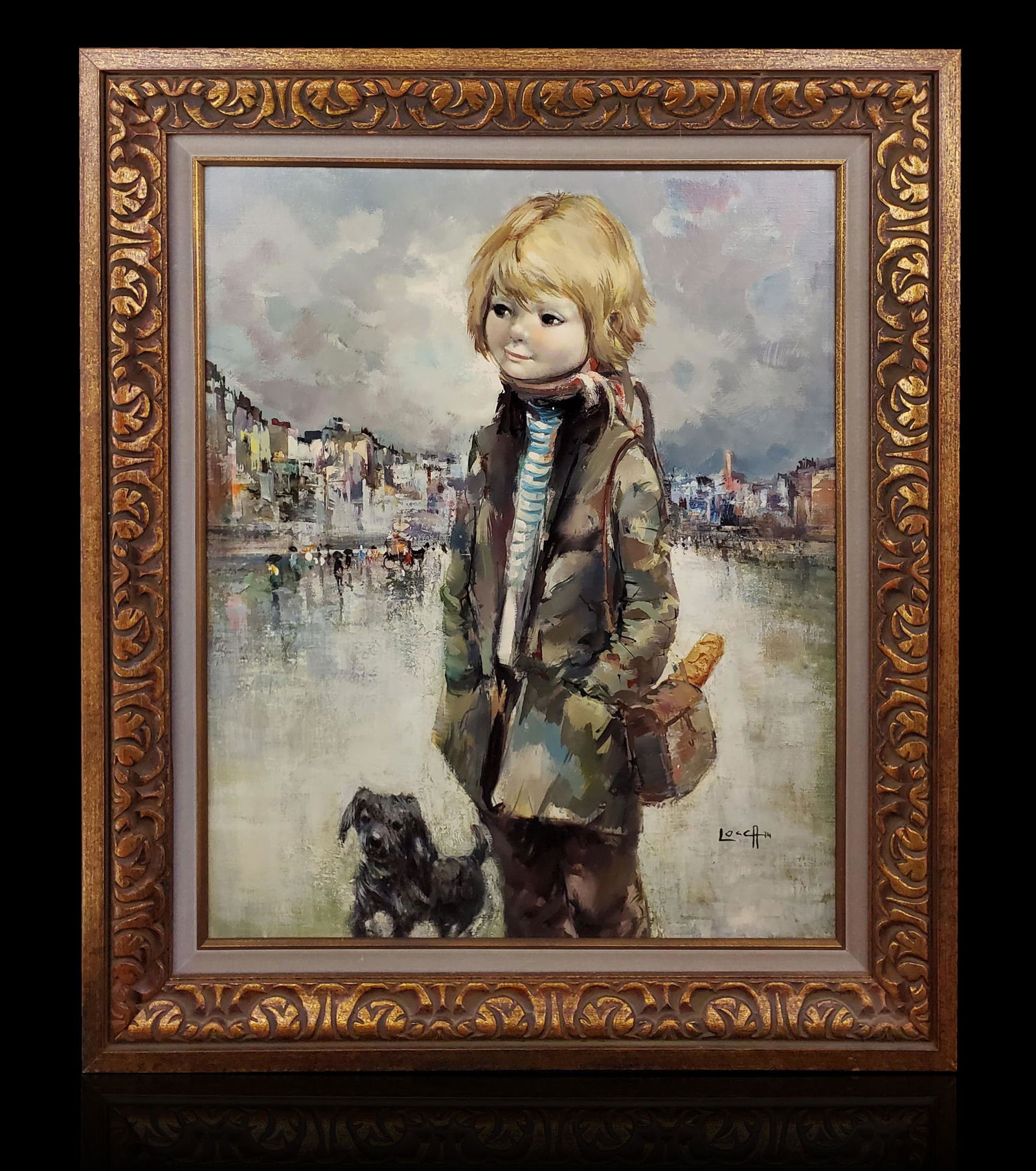 Albert Locca 1895-1966 painting of a child & dog signed: Listed Swiss Artist Albert Locca 1895-1966 painting of a child and a dog signed. Frame measures 30" x 25"
