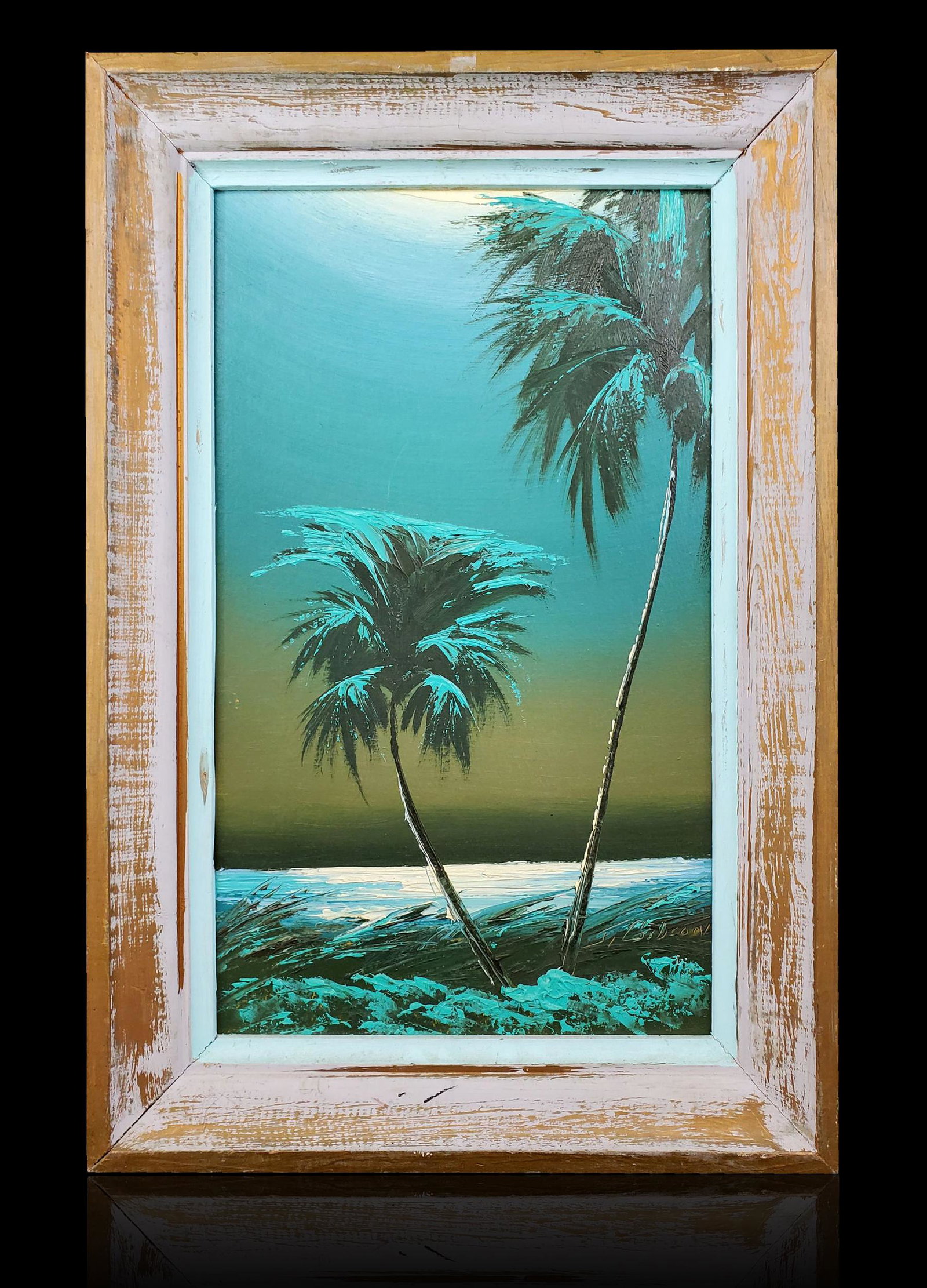James Gibson 1938-2017 Florida Highwaymen painting #1: James Gibson 1938-2017 Florida Highwaymen painting. Frame measures James Gibson was active/lived in Florida. James Gibson is known for dramatic landscape-cloudscape painting. Frame measures 24" x 16"