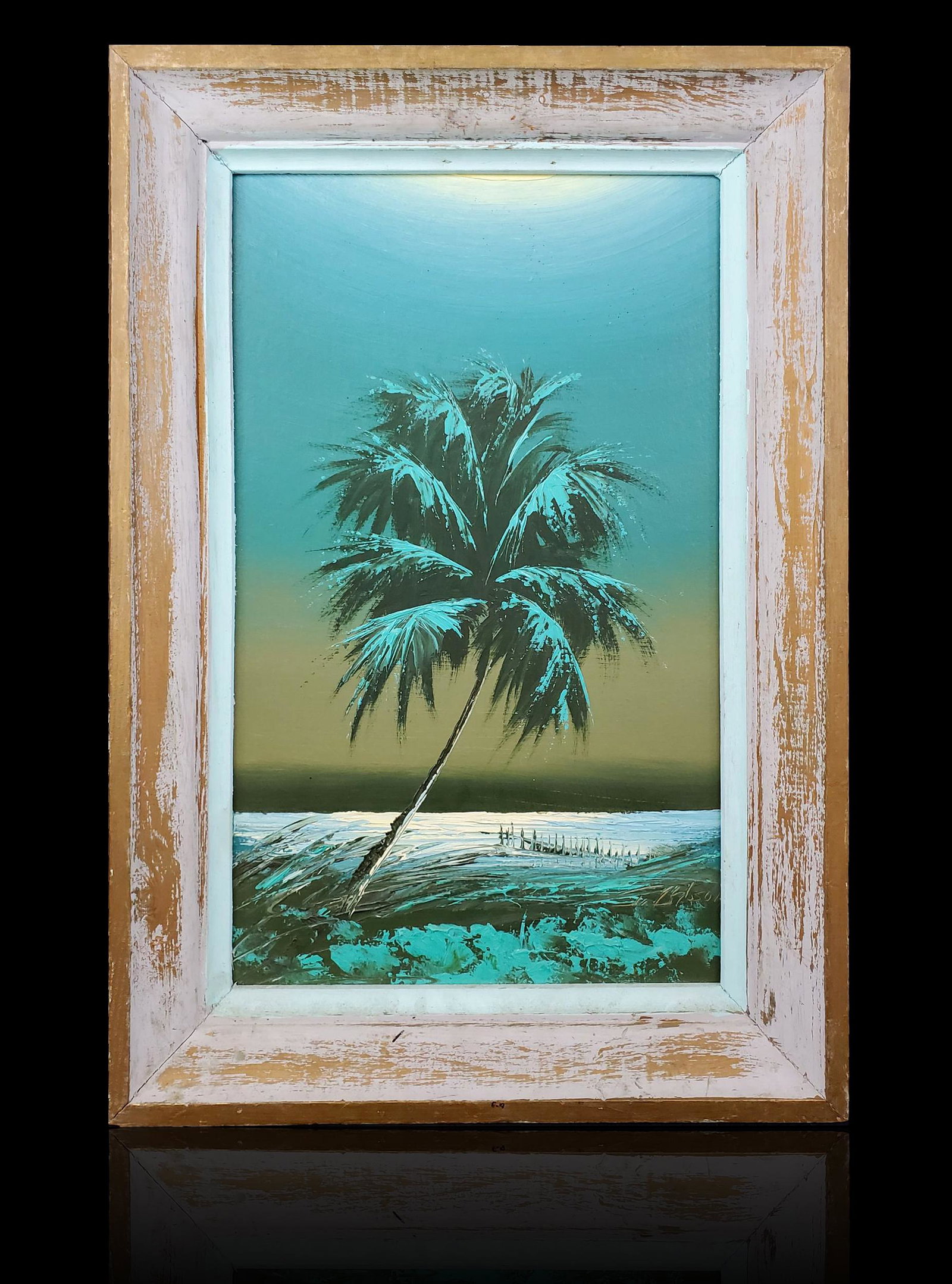 James Gibson 1938-2017 Florida Highwaymen landscape #2: James Gibson (1938-2017) Florida Highwaymen landscape painting signed. James Gibson was active/lived in Florida. James Gibson is known for dramatic landscape-cloudscape painting. Frame measures 24" x 