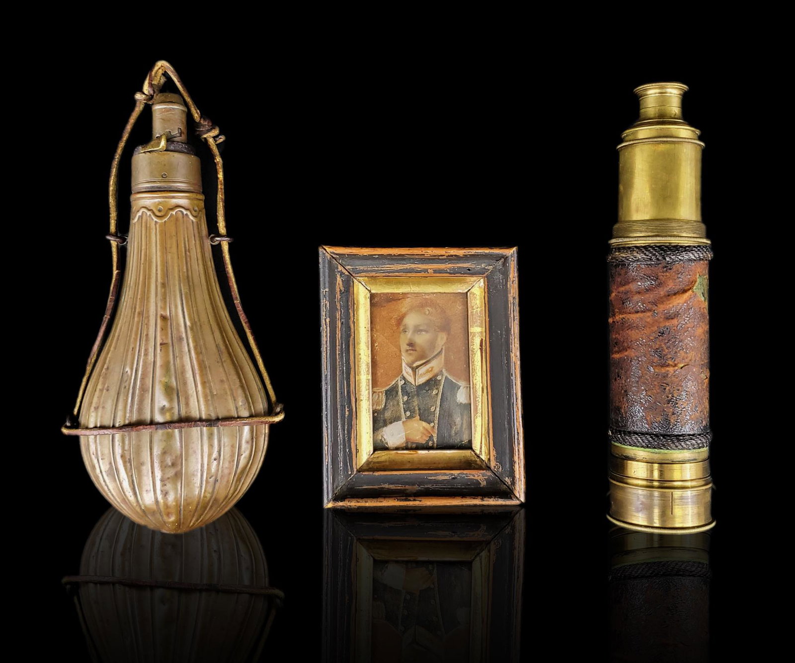 Julius Peter Garesche Civil War Portrait Scope & flask: 1821-1862 Julius Peter Garesché Civil War Soldier portrait painting with flask and scope. Frame measures 5" x 4", flask 8 3/4" and scope 12" when open and 7" when closed. Miniature watercolor on pape