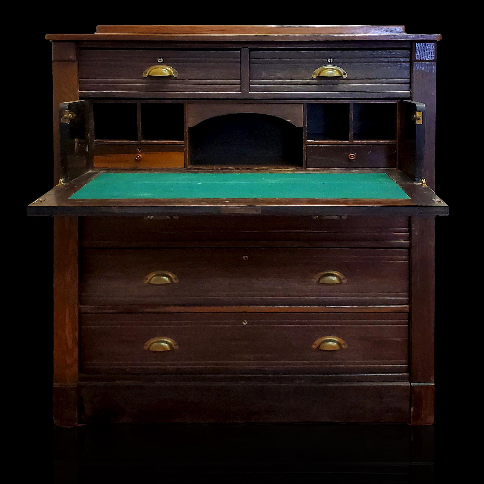 Captains Secretary desk from USS OHIO Decommissioned: Captains Secretary Desk from the Uss Ohio Ship, Decommissioned July 1919 and sold for scrap March 1923. Measures 52" x 38 3/4" x 21"