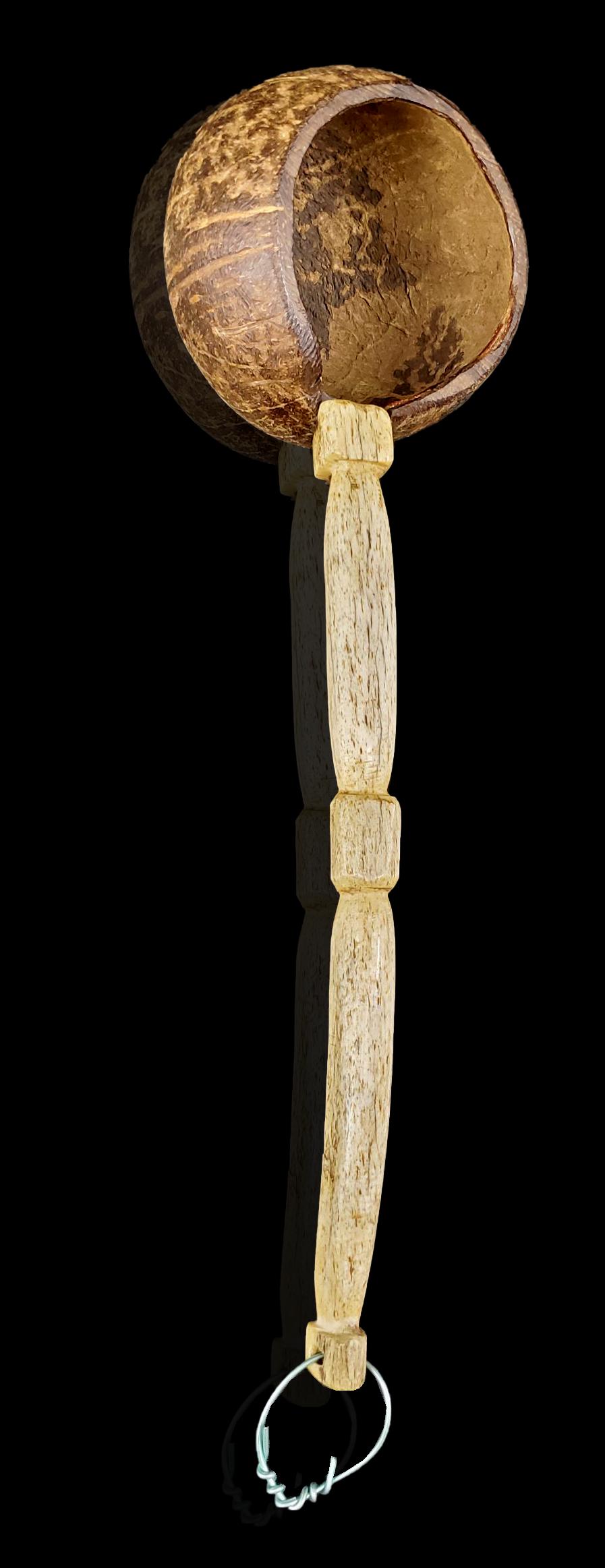 Antique whaling vessel water ladle comprised of coconu: Antique whaling vessel water ladle comprised of coconut shell secured to whale bone handle with hand-forged, square head nails. Measures 15" long