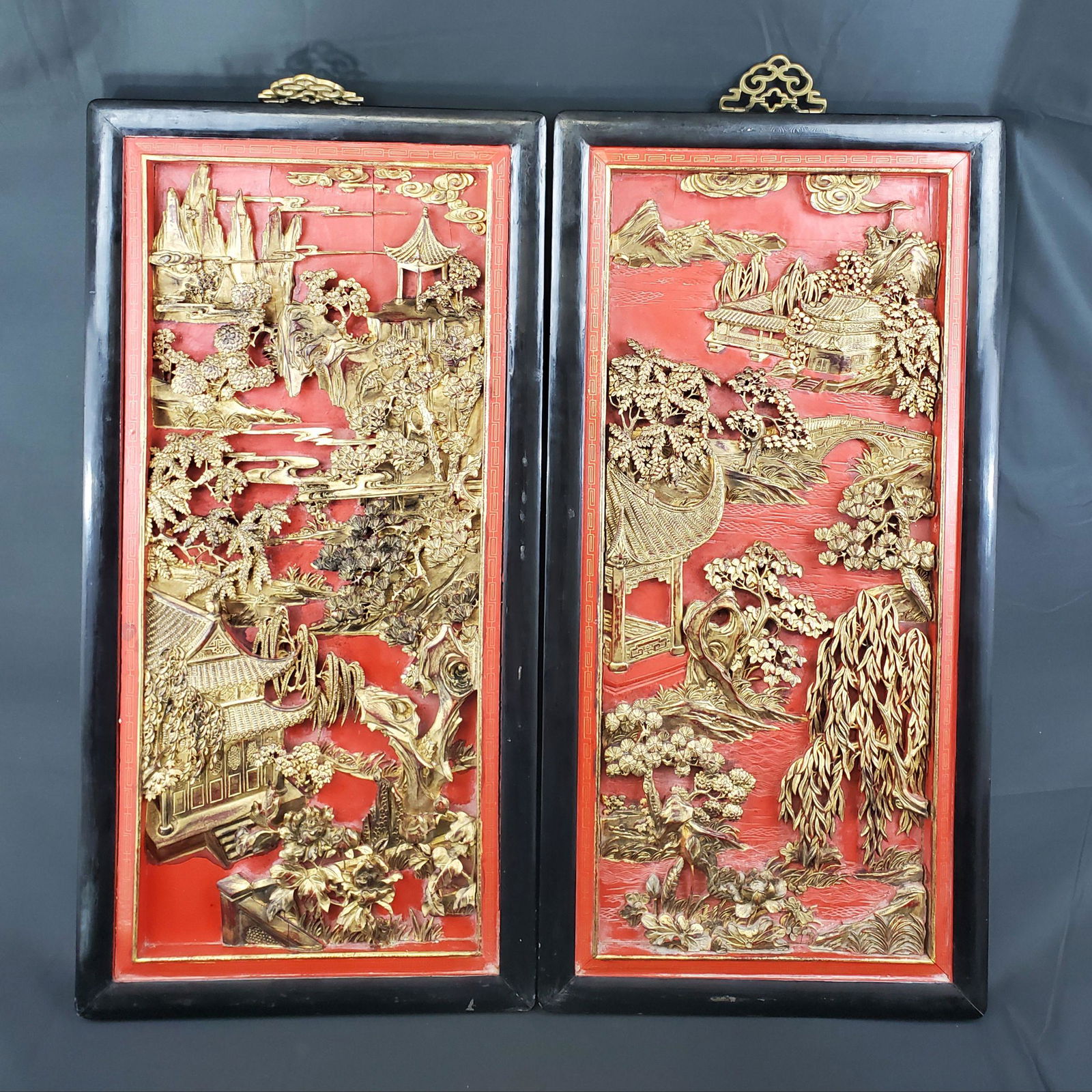 Pr of antique Chinese carved wood panels 19-20th c (1 of 20)