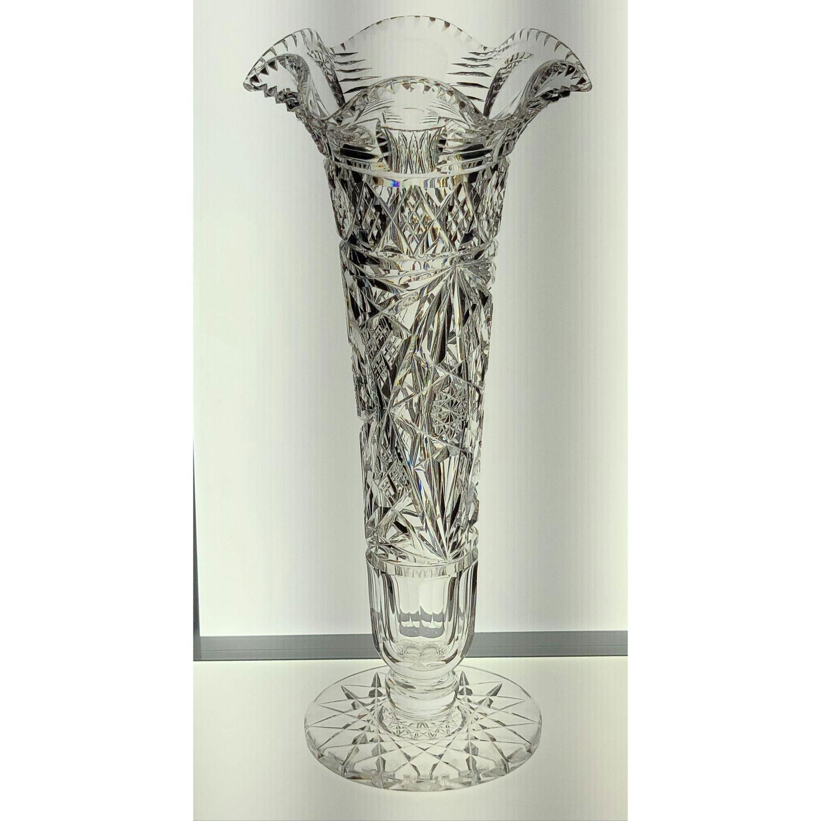 ABP cut glass signed Hawkes vase, ruffled top. (1 of 14)