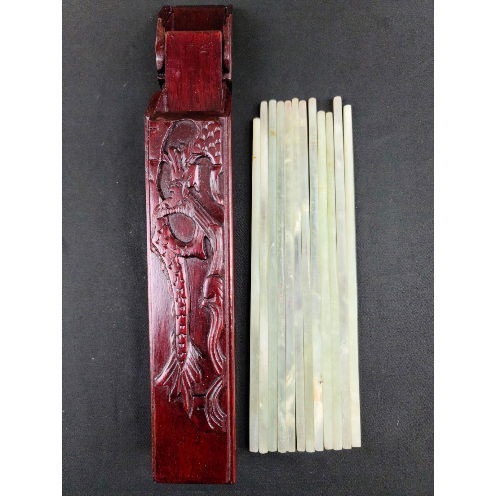 12 Chinese hard stone jade chopsticks in a wooden box (1 of 5)