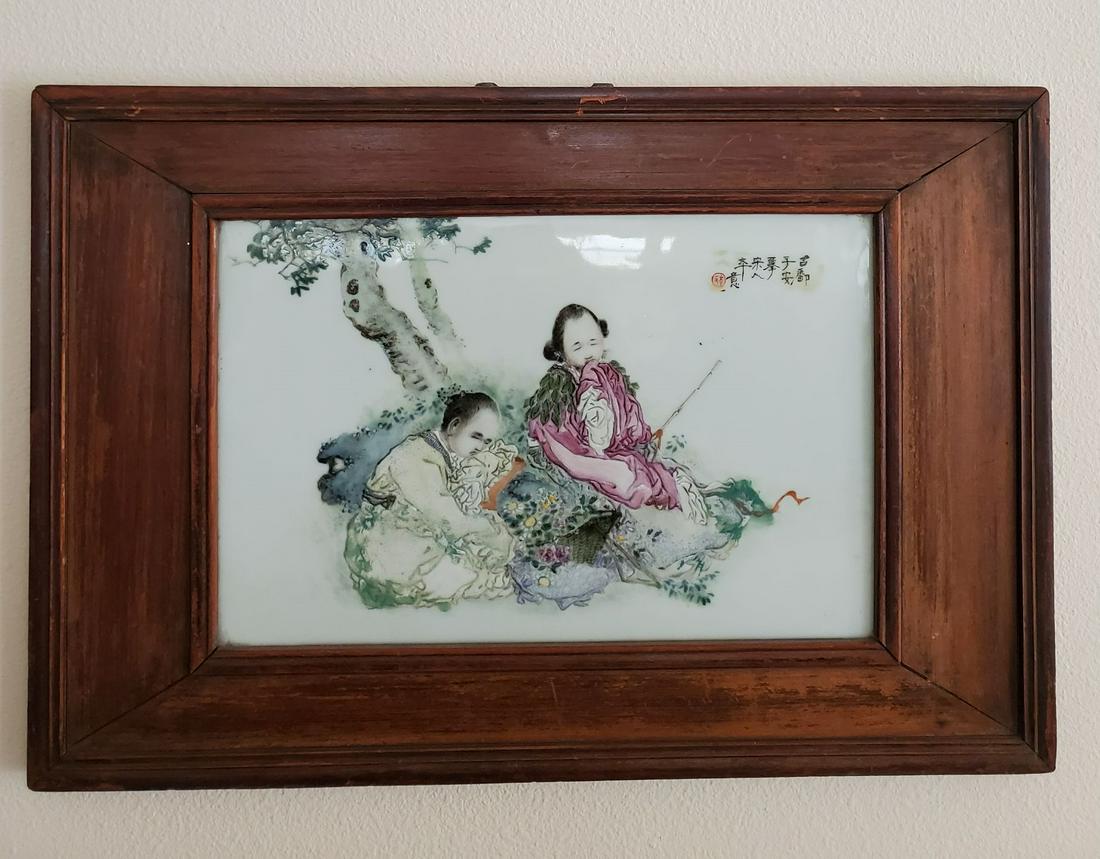 Chinese famille rose porcelain tile finely painted 20 C (1 of 20)