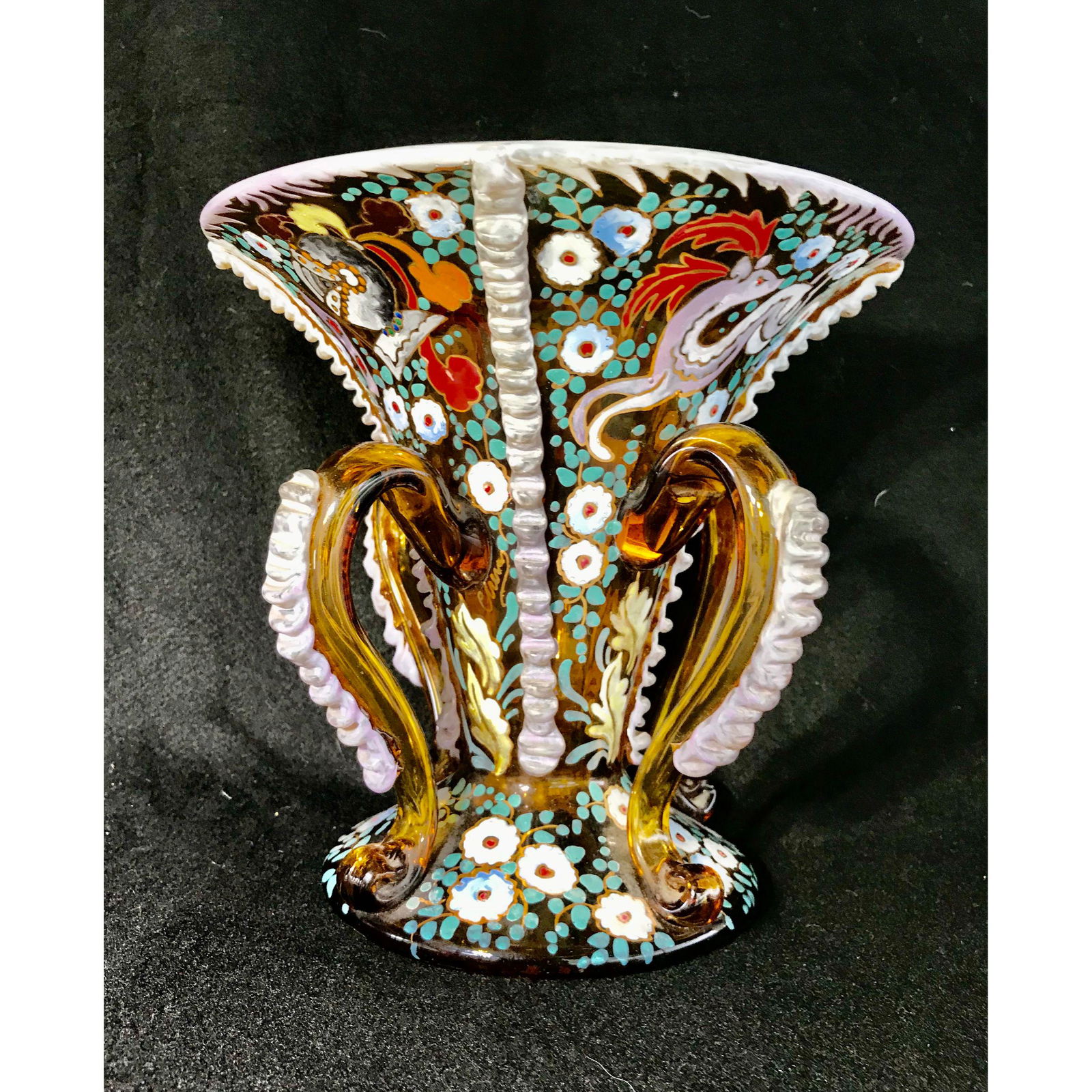 Hand-Painted, Four handled, Art Glass Vessel /Signature (1 of 20)