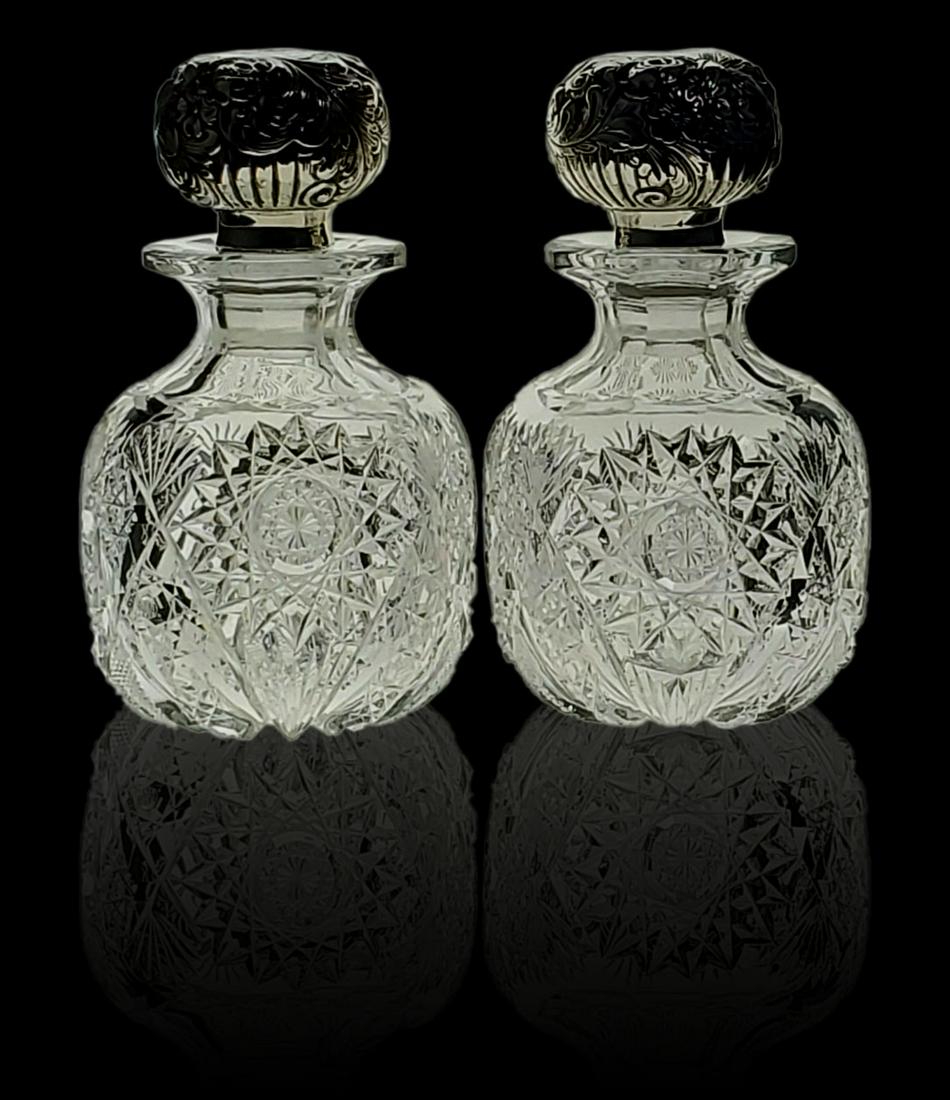 Pr of Hawkes cut glass Cologne Bottles Gorham silver (1 of 17)