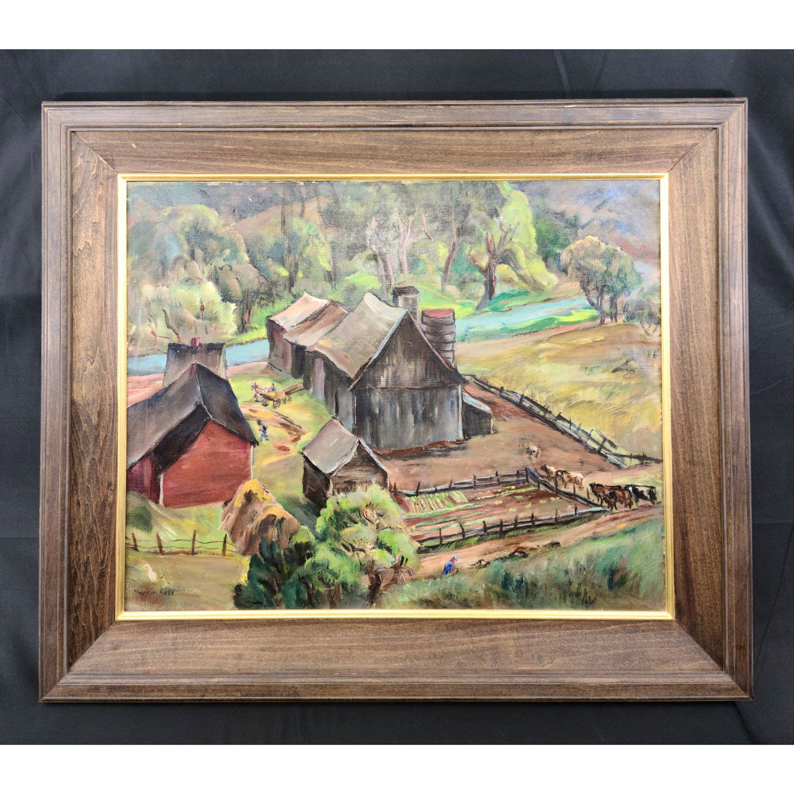 Marion Huse "Birds Eye View of Farmyard by Stream": Marion Huse 1896-1967 Listed MA artist "Birds Eye View of Farmyard by Stream" was deaccessioned by the museum. Measures 32 1/2" x 38 1/2"