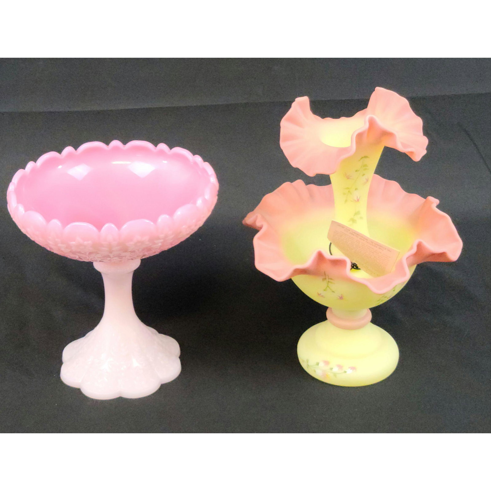 2 Fenton Burmese Epergne: 2 Fenton Burmese Epergne one is signed and dated 1990