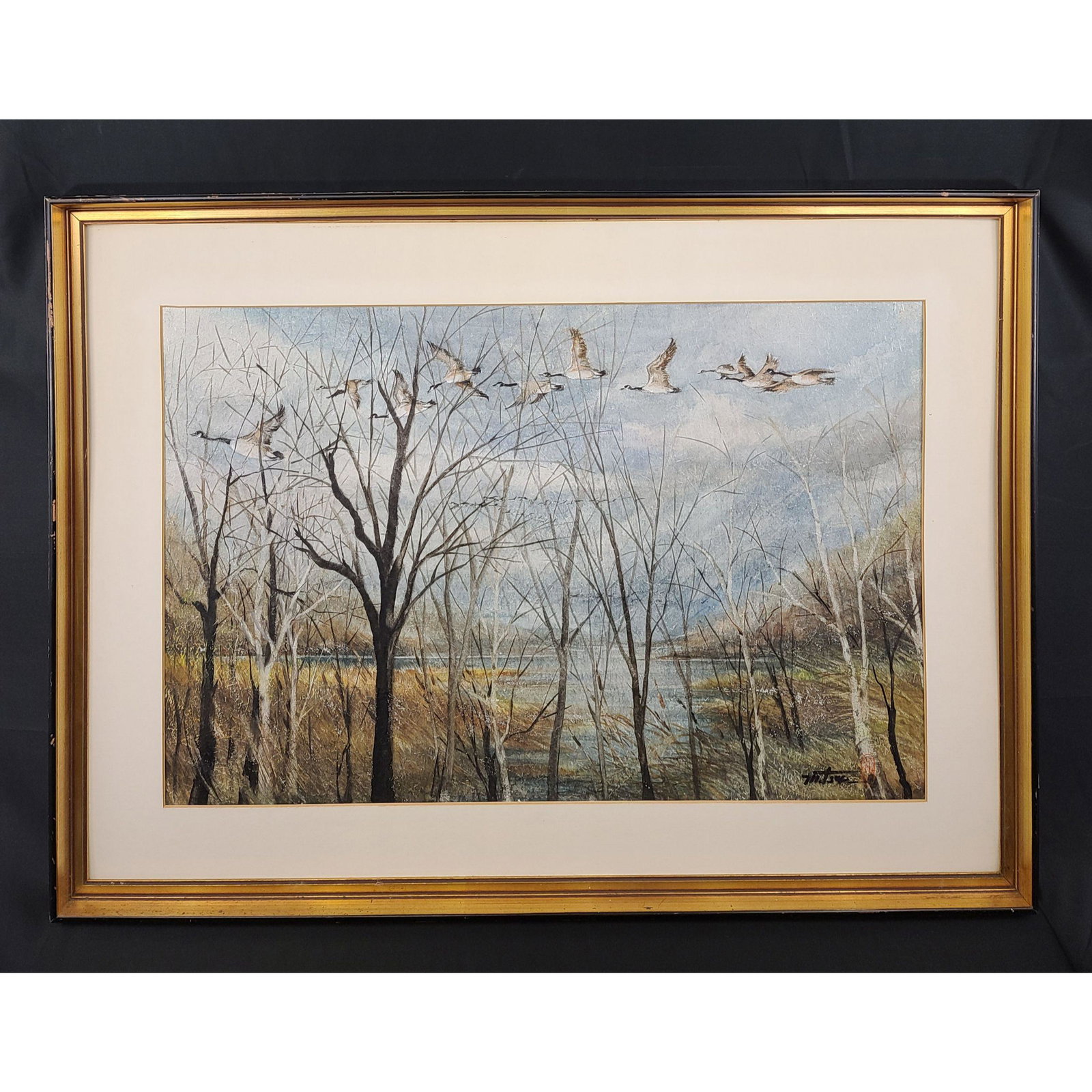 Signed Landscape Painting with Ducks/Goose: Signed Landscape Painting with Ducks/Goose measures 27 1/2" x 37 1/2"