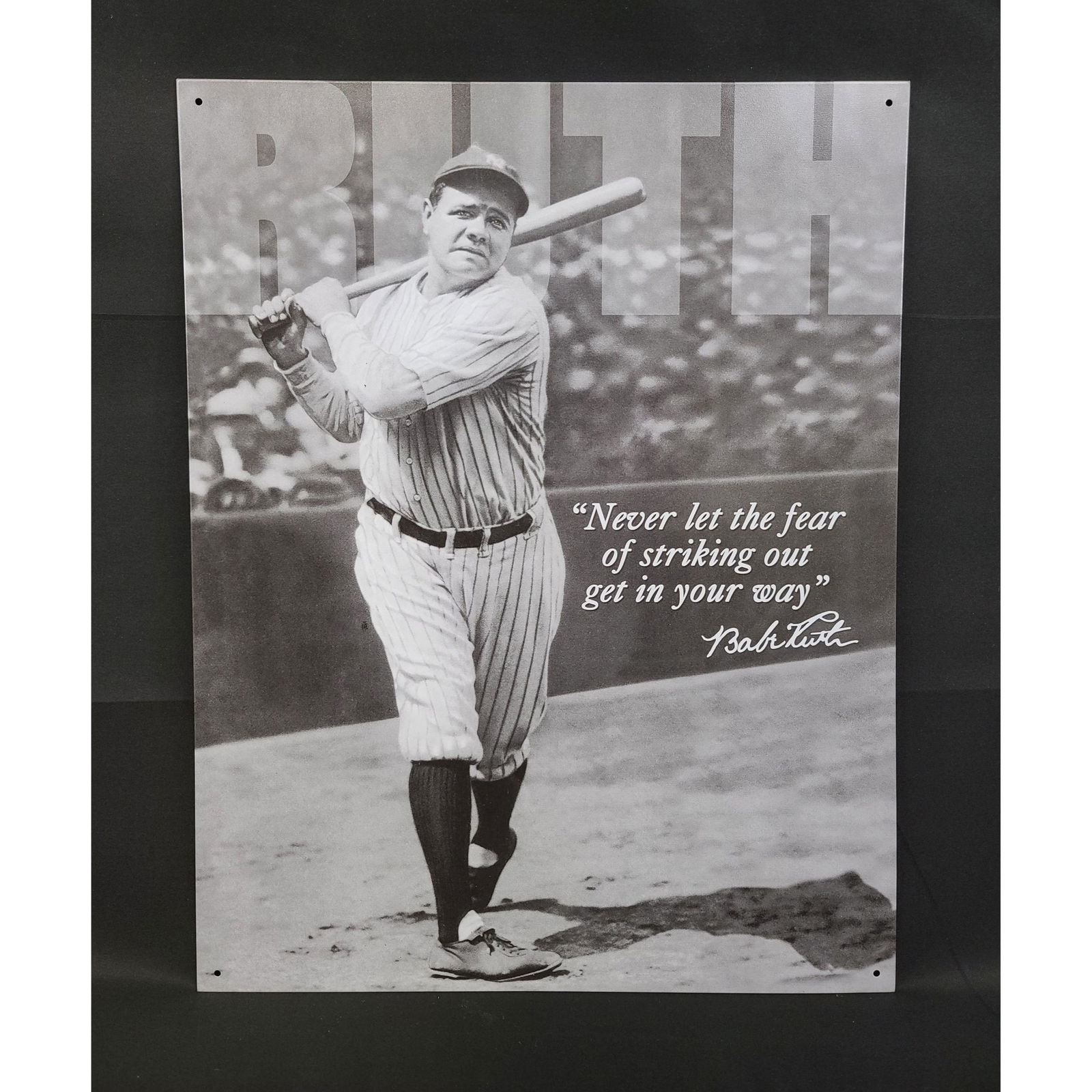 Babe Ruth NYY No Fear Nostalgic Embossed Tin Sign: Babe Ruth NYY No Fear Nostalgic Embossed Tin Sign Measures 12x16