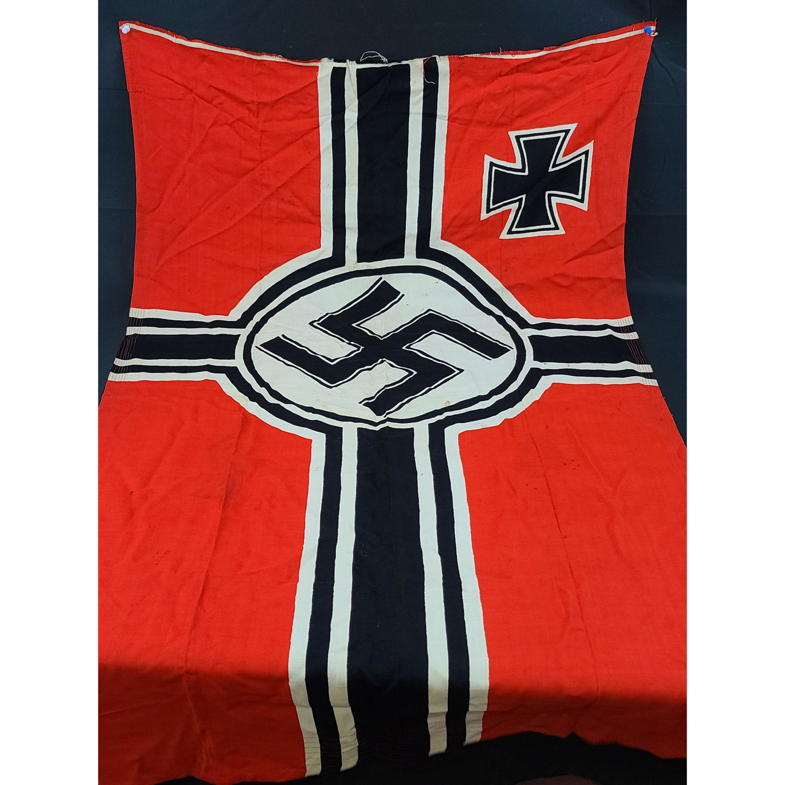 Original WWII German Flag From Naval Vessel KRIEGSMARIN: Original WWII German Flag From Naval Vessel KRIEGSMARINE, one old and one newer. Measures 36" x 58" and 30" x 53". Pic 1-8 shows old flag pic 9 through is the newer flag.