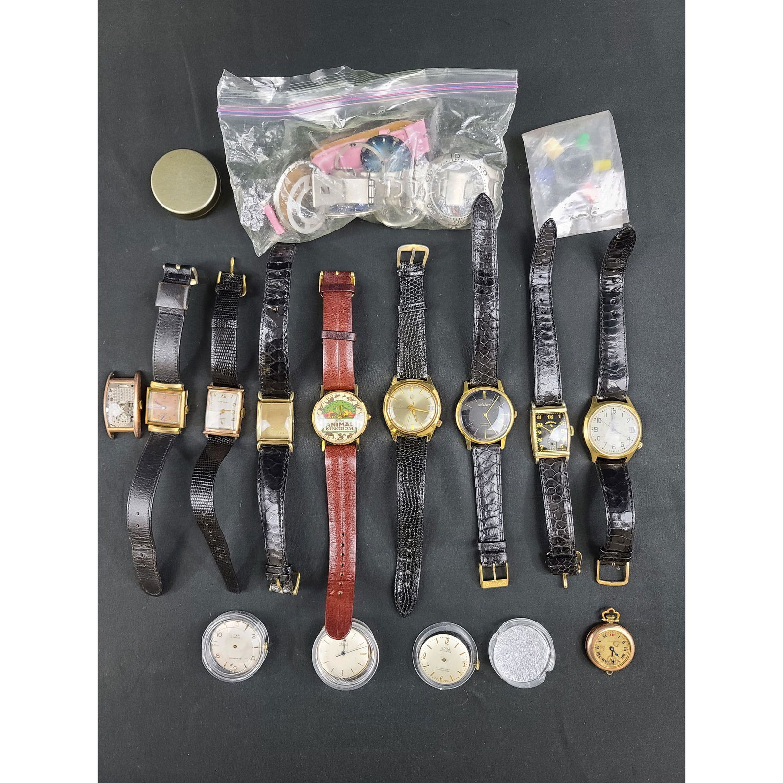 A Lot Of Vintage Watches Gold Filled, 1 18k Gold Vict..: A Lot Of Vintage Watches Gold Filled, 1 18k Gold Victor 17 Jewel INCABLOC ( RUNS WELL SO FAR) Lord Elgin, Bulova Accutron, Bulova Longley, 2 Doxa, Longines, Revue ( These are for repairs and parts)