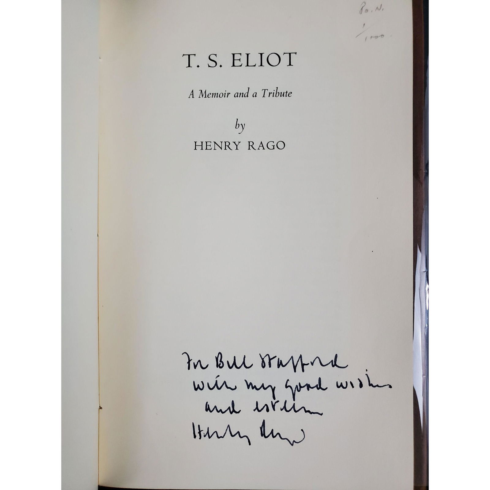 T.S Eliot, SIGNED 1965 A memoir & a tribute Henry Rago (1 of 7)