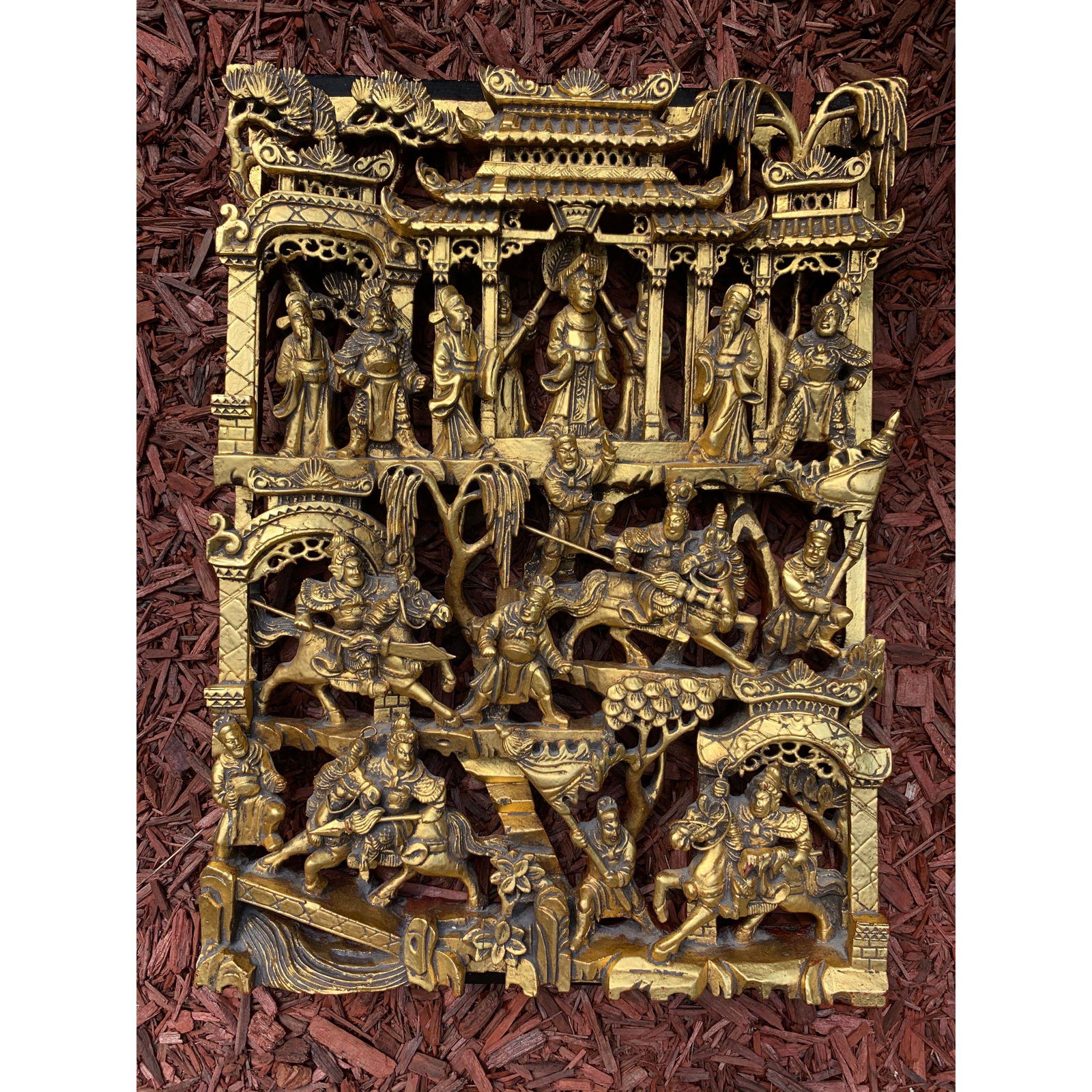 Antique Chinese carved, pierced gilded window panel (1 of 10)