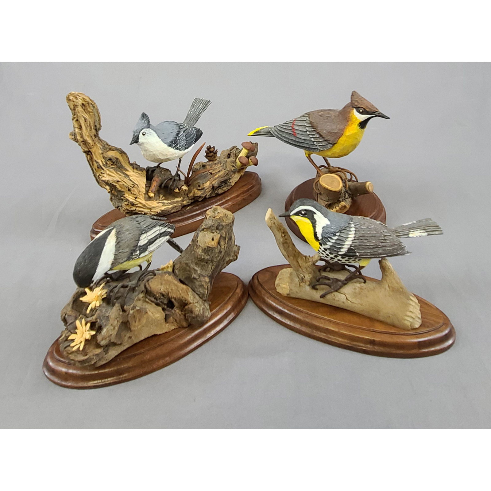Lot of 4 Charles J Hornberger Wood Bird Sculptures: Lot of 4 Charles J Hornberger Wood Bird Sculptures. Signed. Measures 5"x 9"
