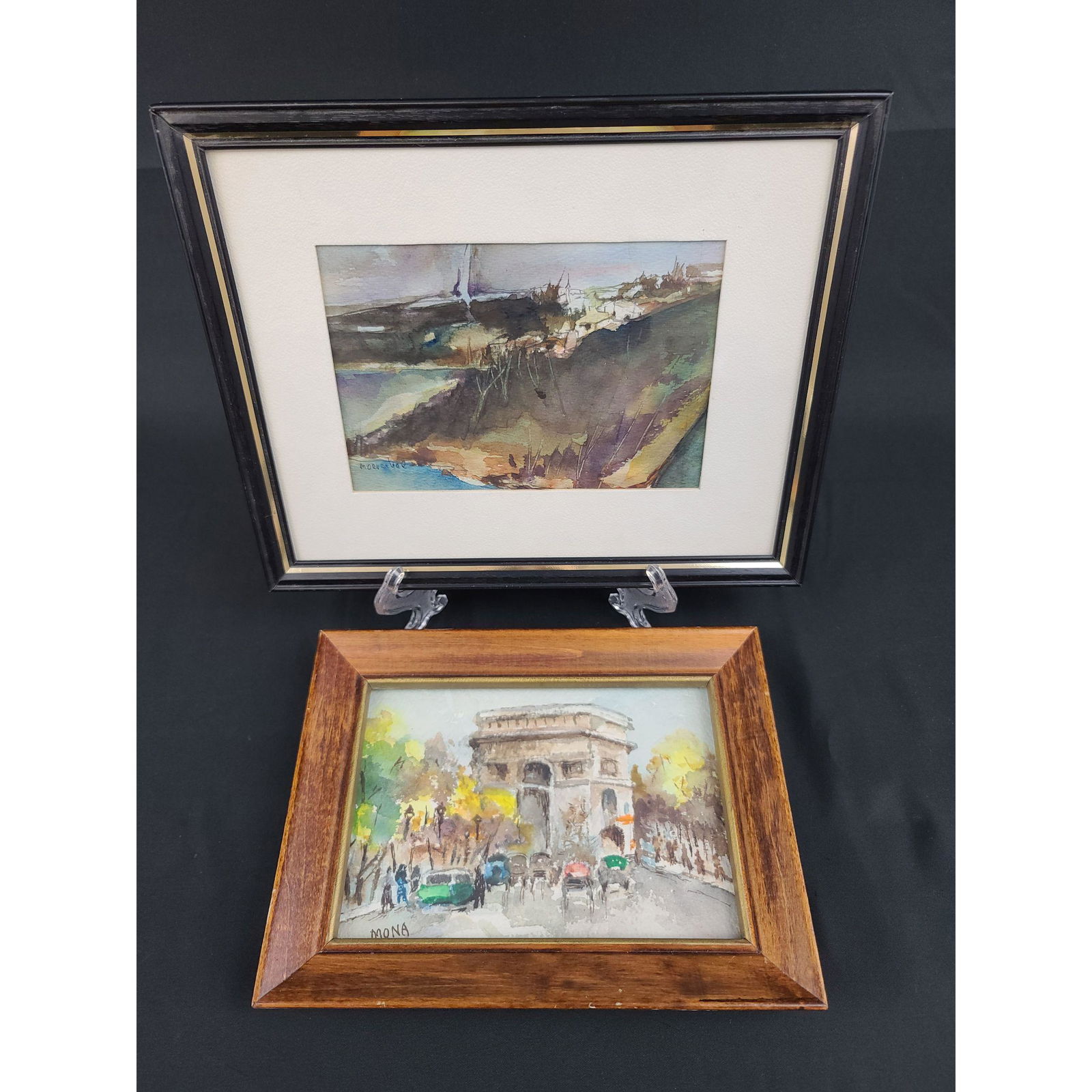 2 Signed Watercolors: 2 Signed Watercolors. The frame of one is 8 1/4" x 10 1/4" with the art measuring 4 1/8" x 6 1/8". The other artwork has a frame that measures 6 1/2" x 8 1/2", with the art measuring 4 1/2" x 6 1/2"