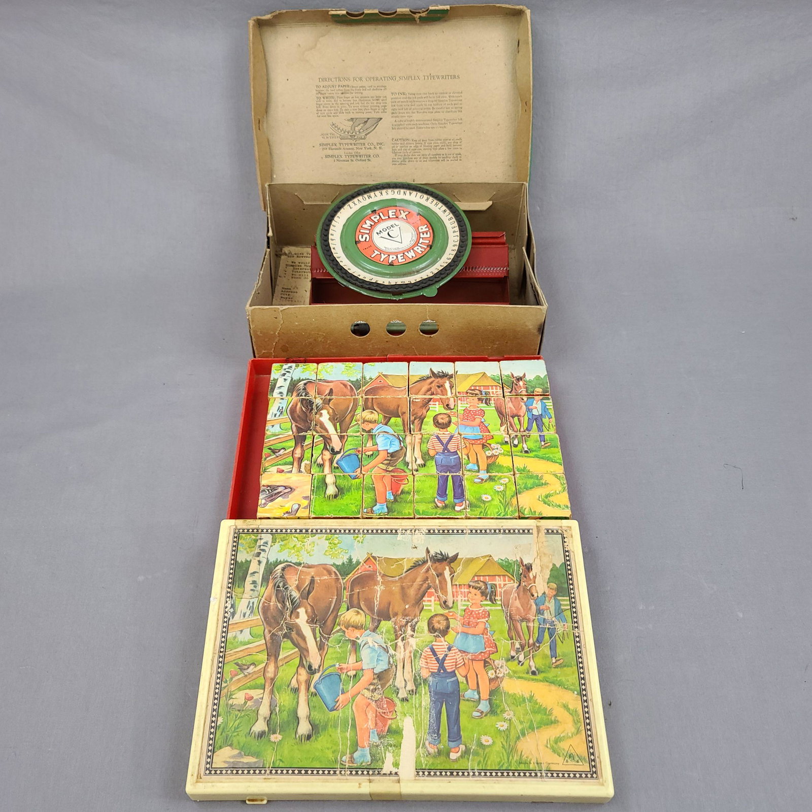 Vintage Child's Tin Typewriter & Art Blocks: Vintage Child's Tin Typewriter & Art Blocks