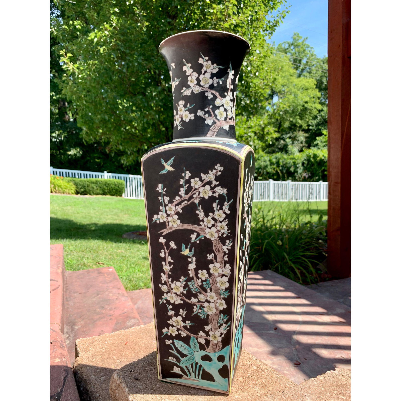 Antique Chinese famille noir square form vase: Antique Chinese famille noir square form vase. Measures 20" tall.