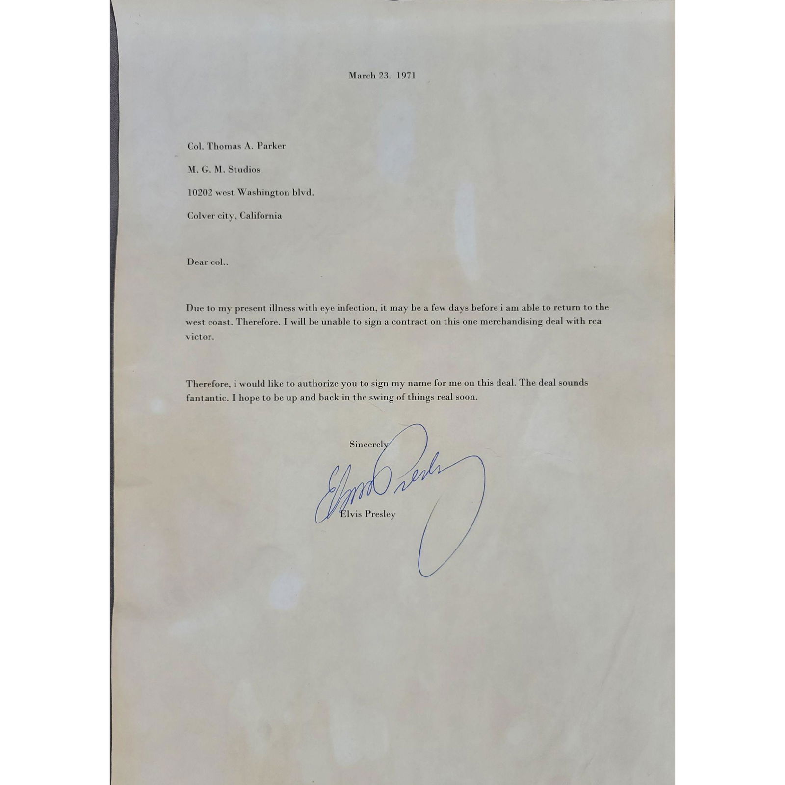 Signed Elvis Presley Letter to Col. Thomas A. Parker (1 of 6)