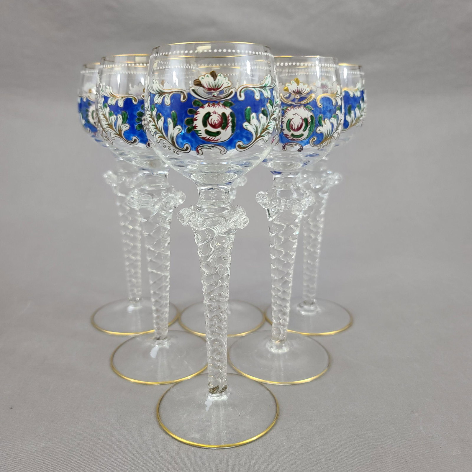 Lot of 6 Hand painted Enamel Wine Hocks 1890-1914: Lot of 6 Hand painted Enamel Wine Hocks 1890-1914 Czech/Bohemia. Measures 8" Tall.