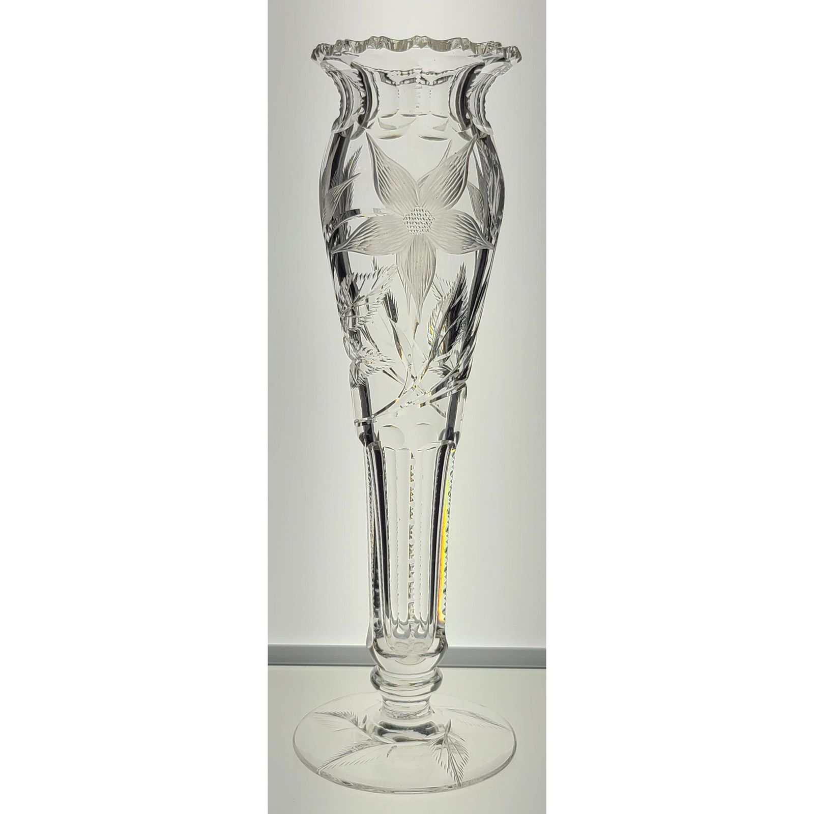 AMERICAN BRILLIANT IDEAL "FLORAL" FOOTED VASE: ABP IDEAL "FLORAL" FOOTED VASE, HAS FLECKS ON THE RIM SEE PICS IN GOOD CONDITION,MEASURES 12"
