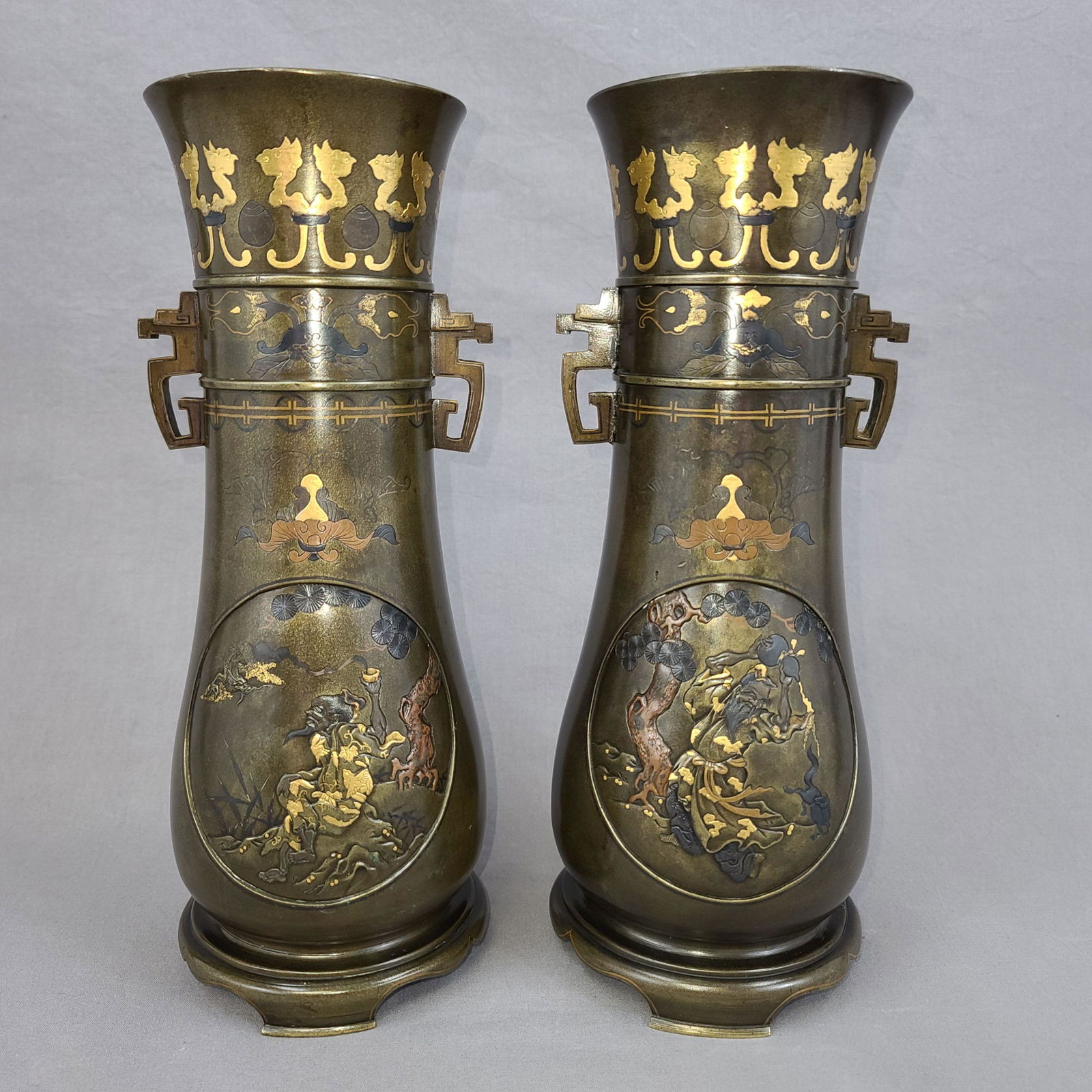 Pair Of Signed Important Mix Metal Japanese Bronze Vase (1 of 19)