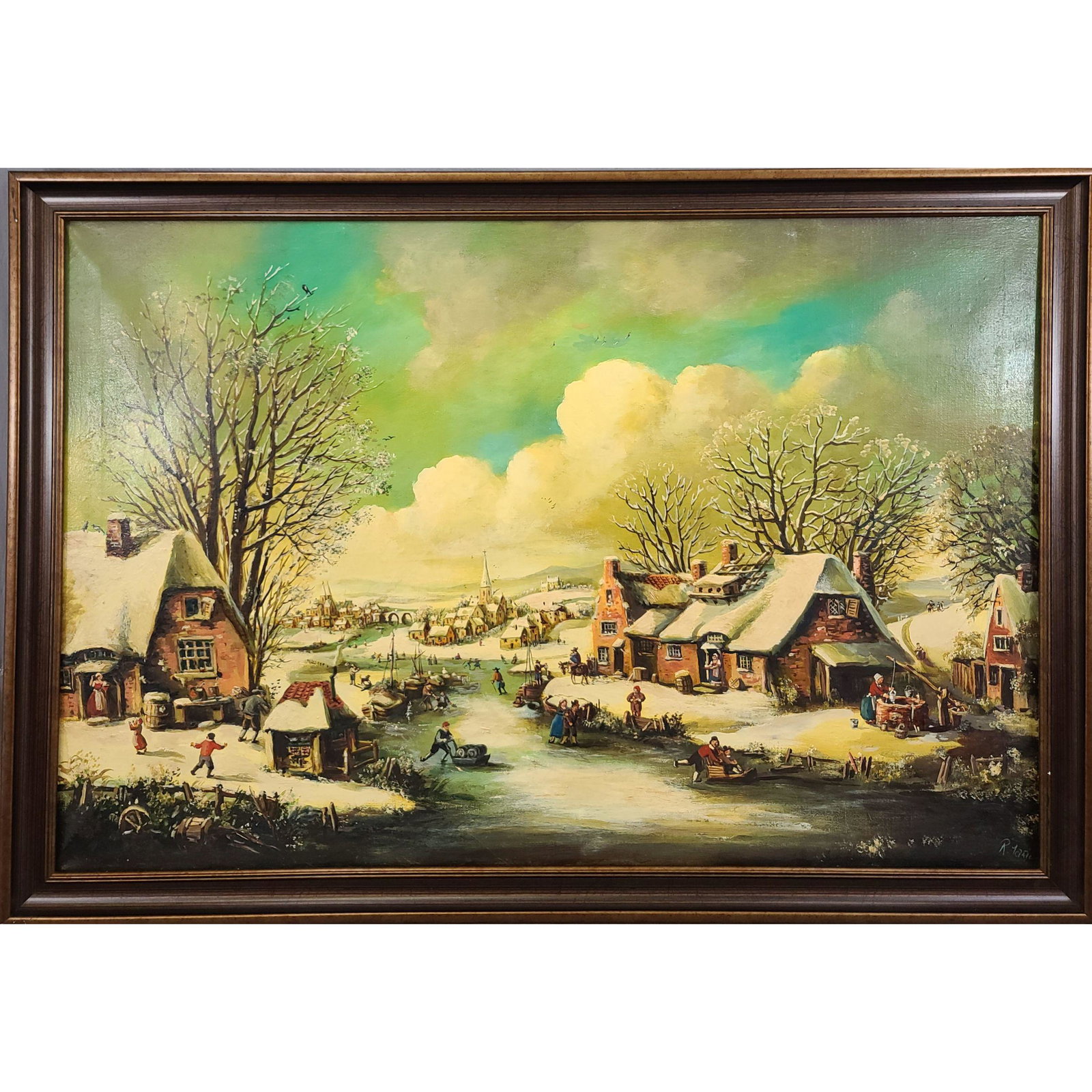 19th C Flemish Winter Scene Landscape Signed (1 of 16)