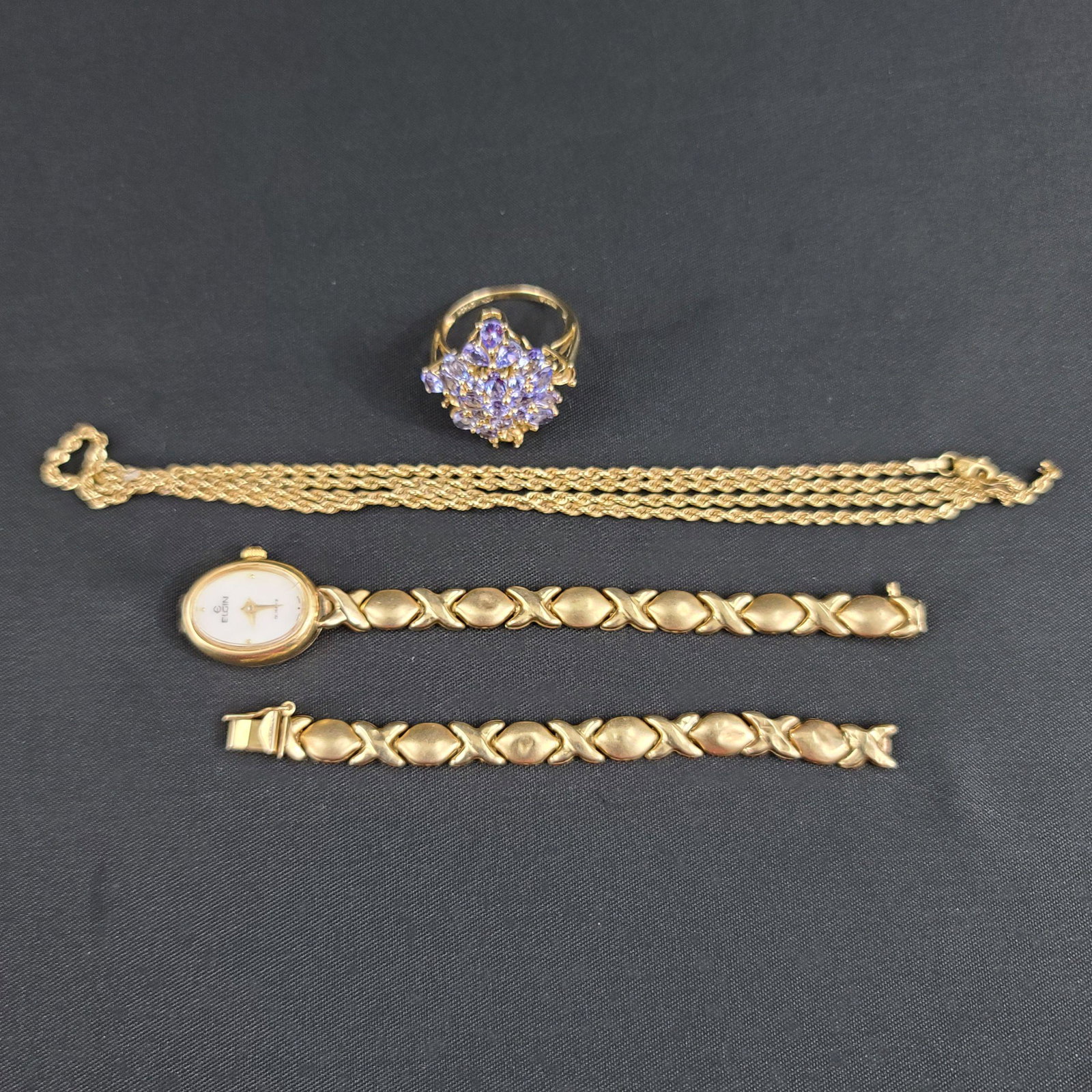 10-14k Gold Lot Watch Chain And Ring W/ Colored Stones: 10-14k Gold Lot Watch Chain And Ring W/ Colored Stones, a total of 17 Grams Overall Including inside of the watch.