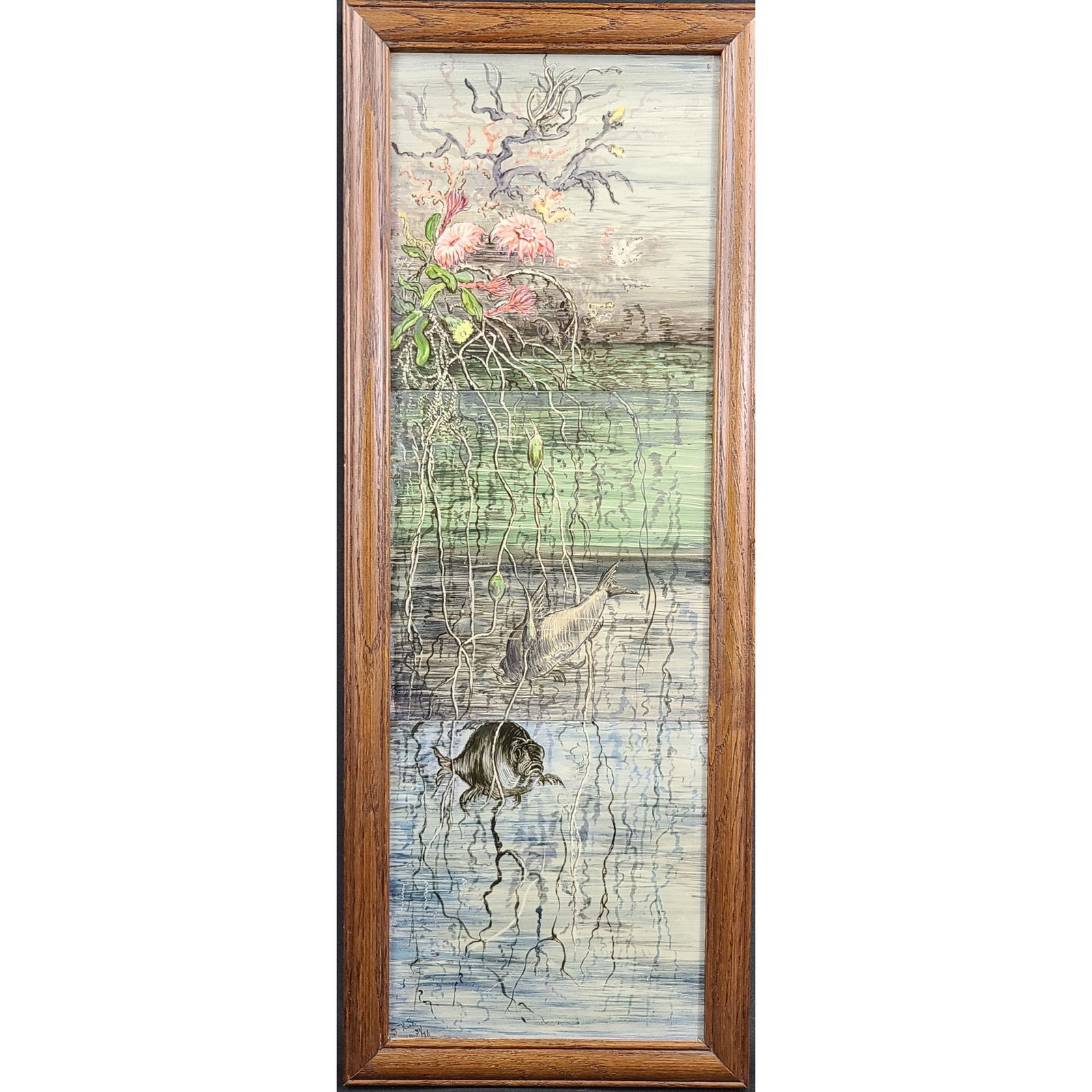 Signed Minton Tile Aquatic Scene 1878: Signed Minton Hollins & Co Stoke On Trent Hand-painted tile. Frame measure 19 1/4" x 17.5, sight 17 3/4" x 5 3/4"
