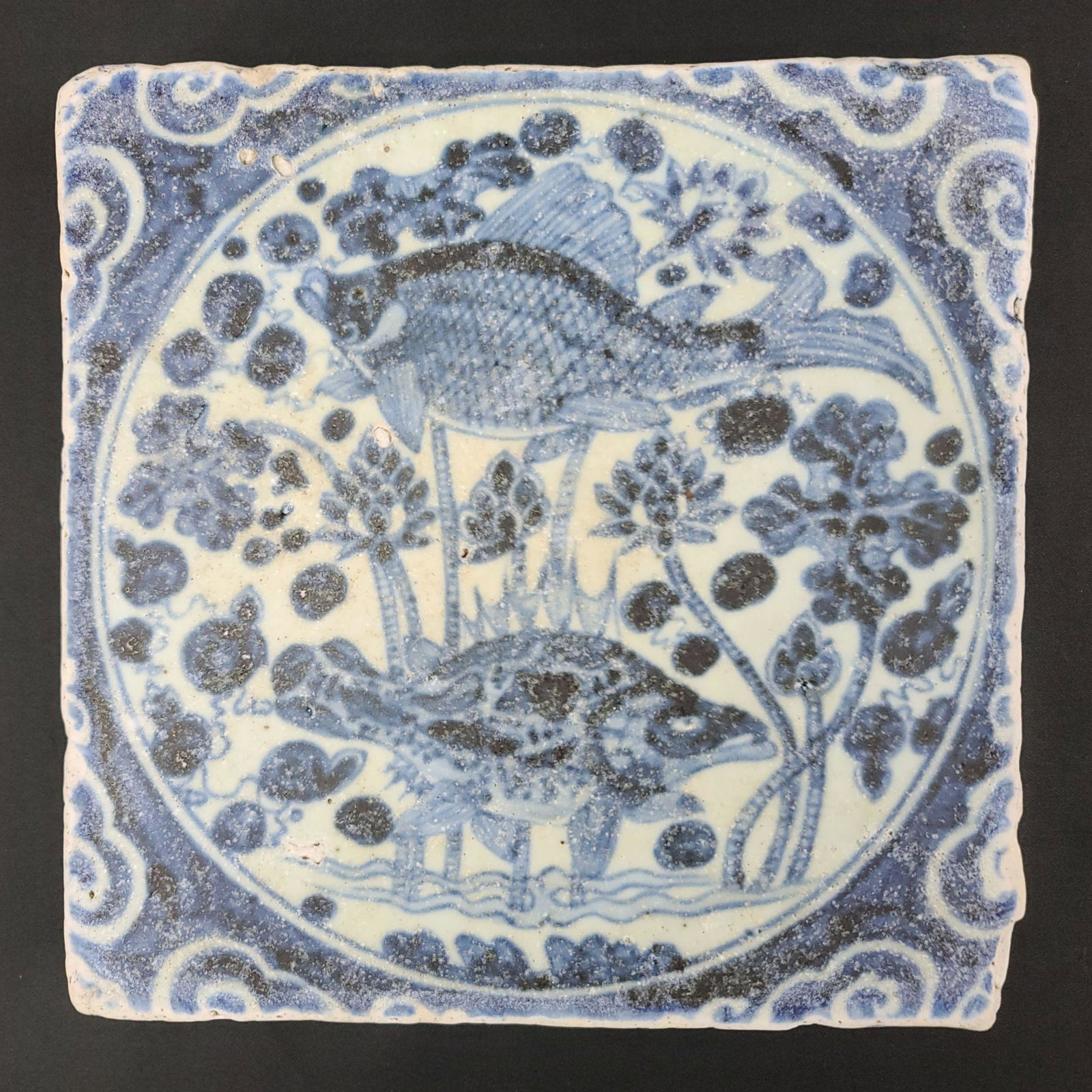 A Chinese Blue And White Tile Ming Period: Chinese Blue And White Tile Ming Dynasty Decorated With Fish. Measure 7 3/4" x 7 3/4" x 1 1/8"
