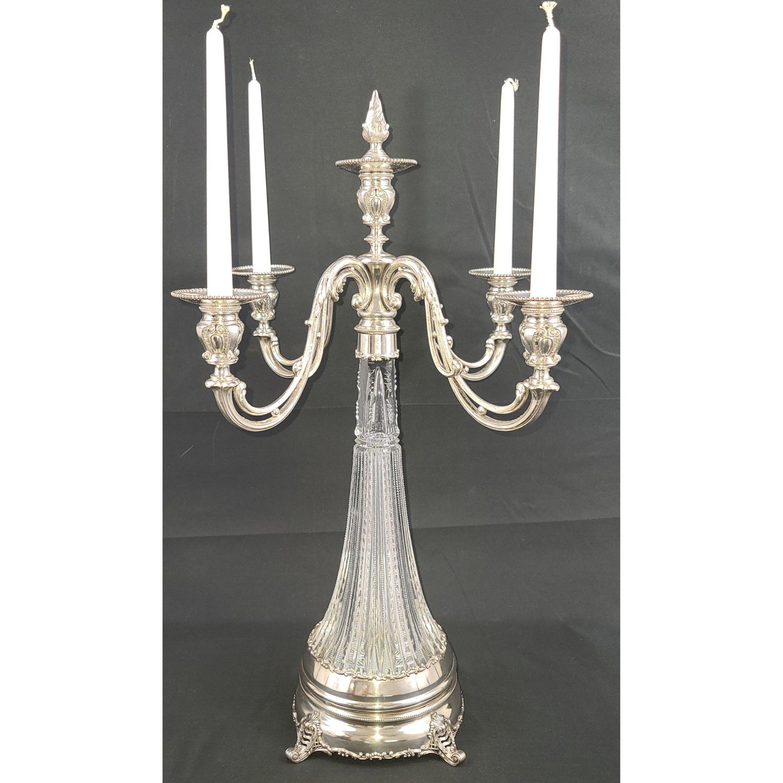 Meriden Silver-plate ABP Cut Glass 4 Arm Candelabra: 4 Arm American Brilliant Period Cut Glass And Silver-plate Candelabra. Very unusual to have Flame Snuffer, Zipper & Notched Miter Design, the framework was re-plated and will break down for easy shipp