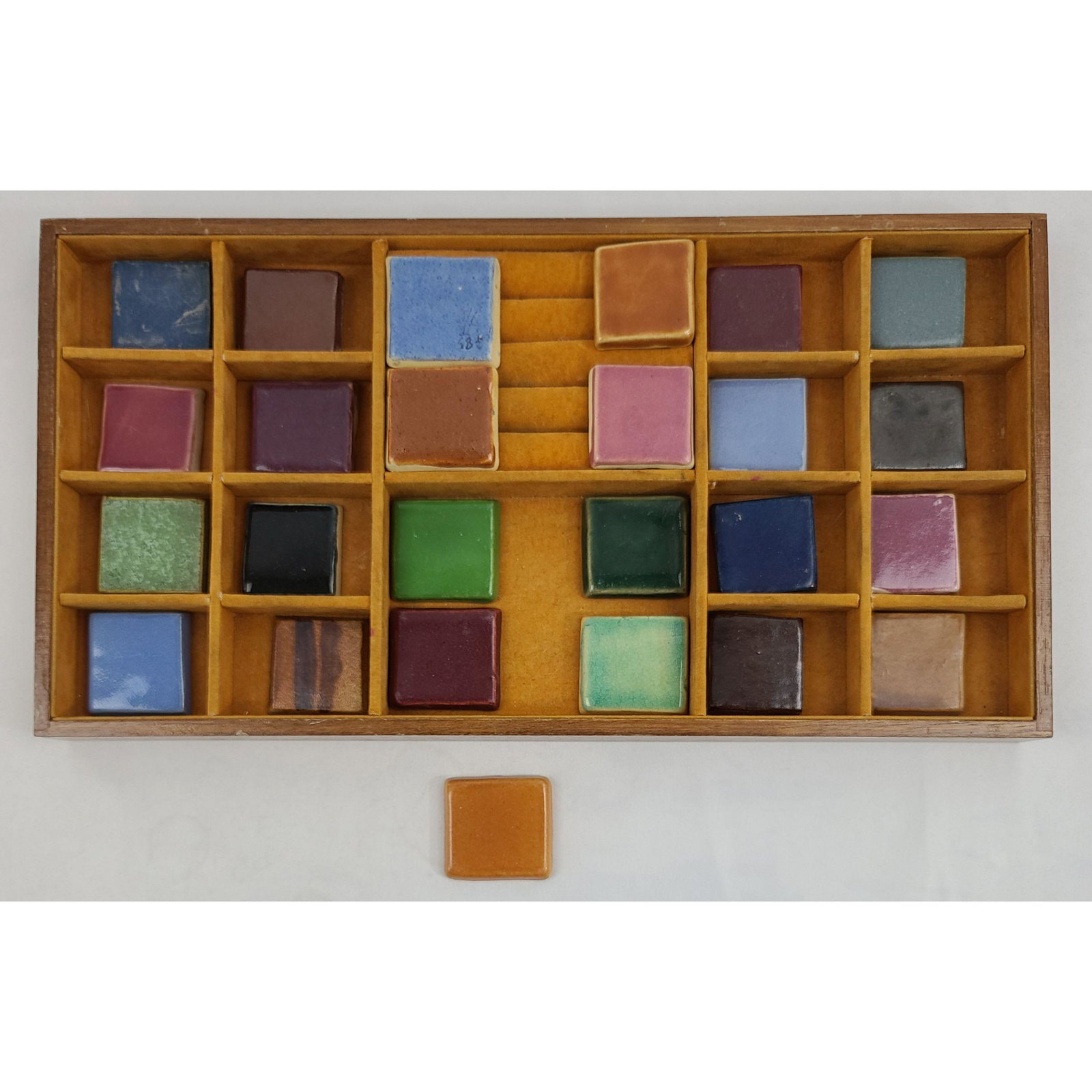 25 University Of N Dakota School Of Mines Tiles: UND School Of Mines Miniature Tiles, experimental trial glaze markings underside, all various sizes.