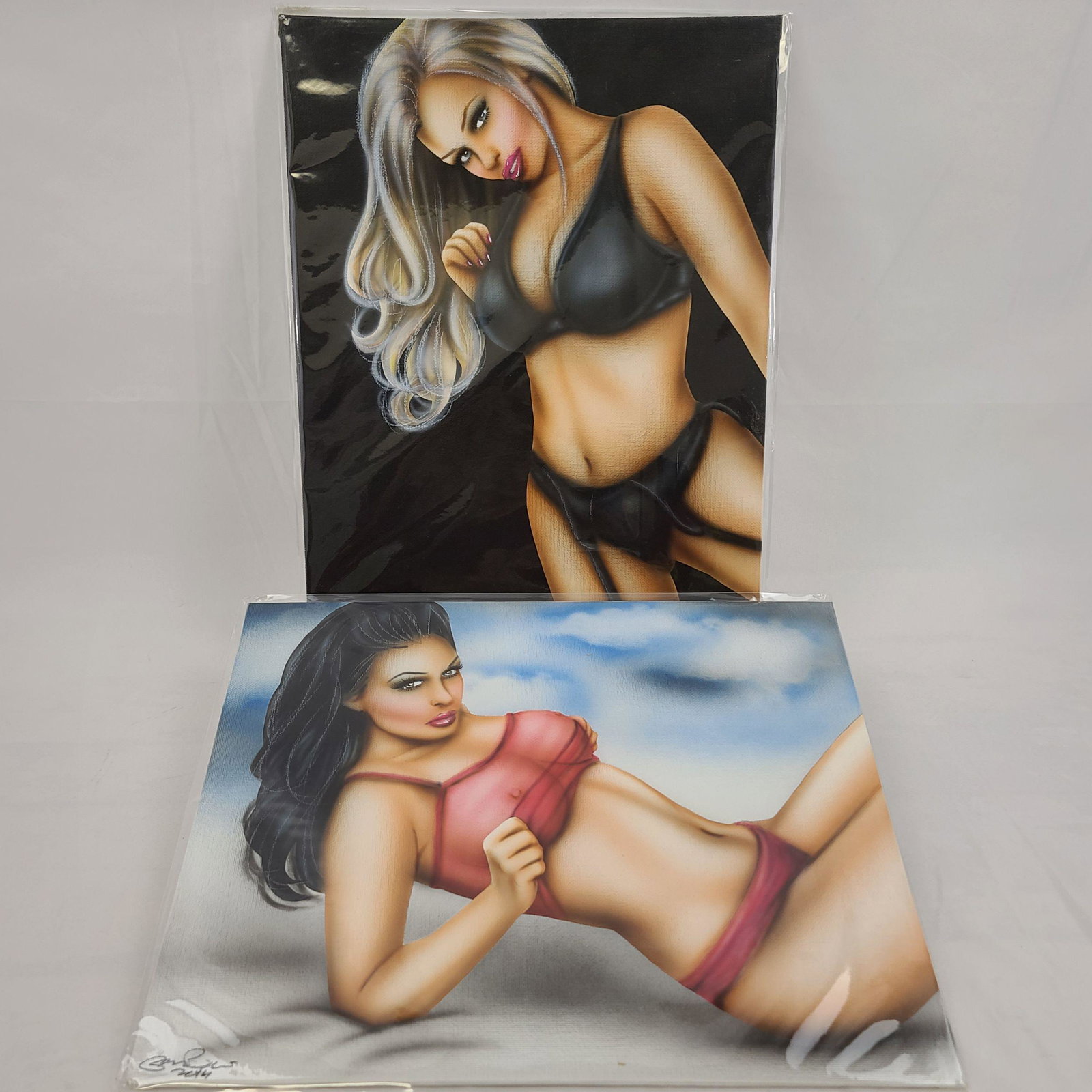 2 Steve Baier American Born 1978 Pinup Girl 2014: 2 Steve Baier Paintings Signed. Titled BLACK VELVET AND THUNDER STORM. Measure 11" x 14"
