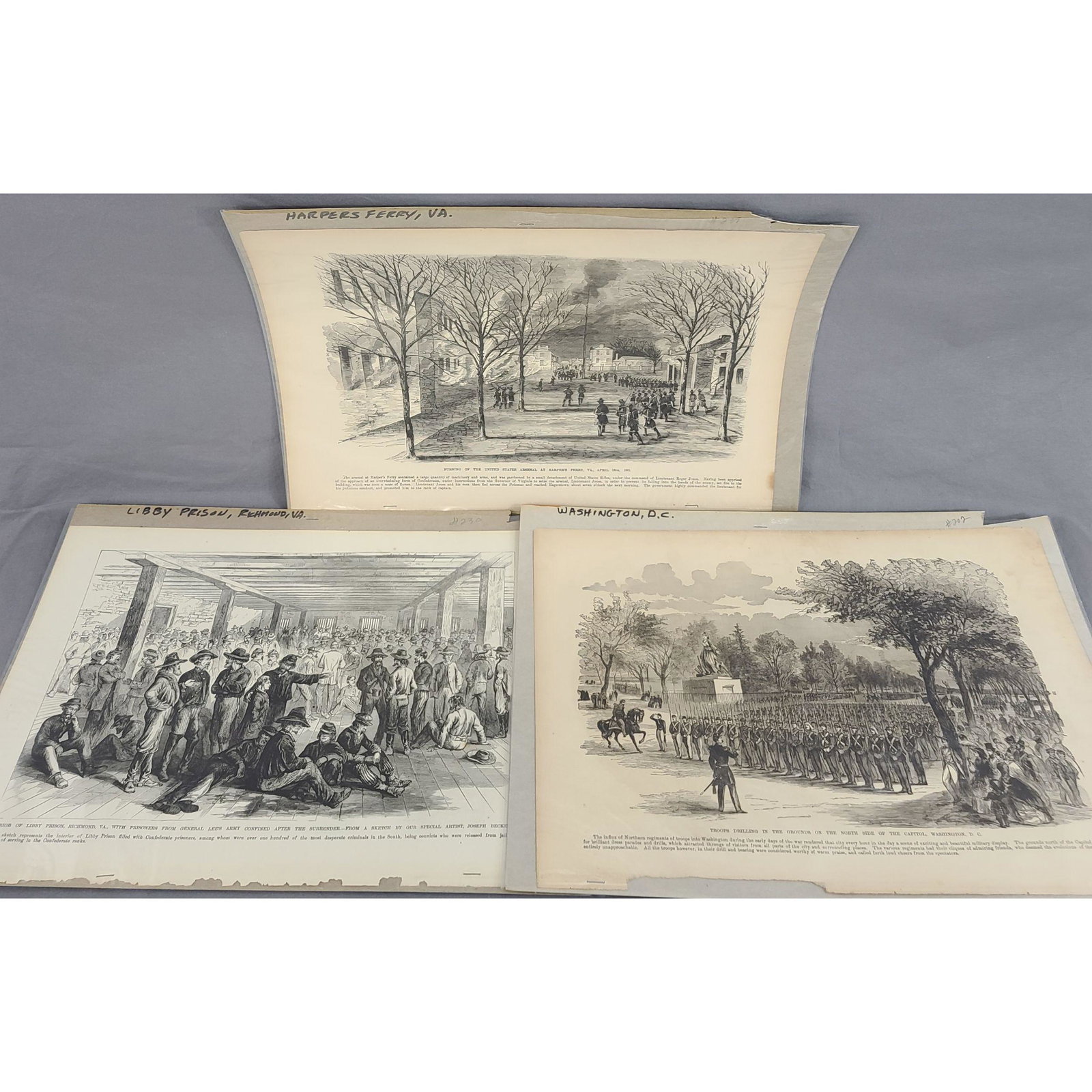 3 Civil War Era Etchings Harper's Weekly: THREE Civil War Era Etchings, HARPER'S FERRY GA, WASHINGTON DC AND LIBBY PRISON RICHMOND VA. Measure Approx. 12" x 16 3/4"