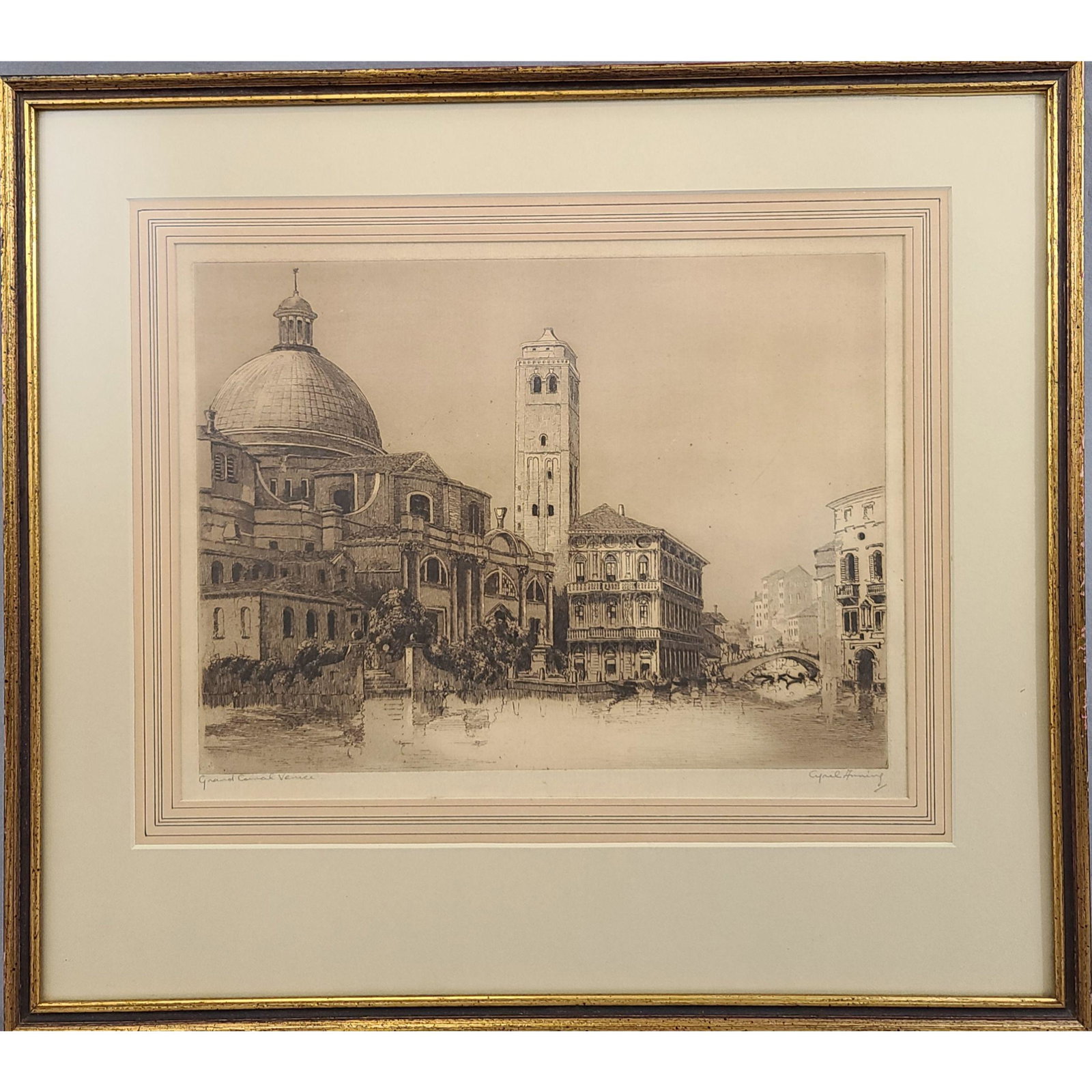 Grand Canal of Venice Etching Signed by Cyril Anning: Grand Canal of Venice Etching by Cyril Anning. The frame measures 16 3/4" x 18 3/4". The sight measures 15 3/4" x 17 3/4"